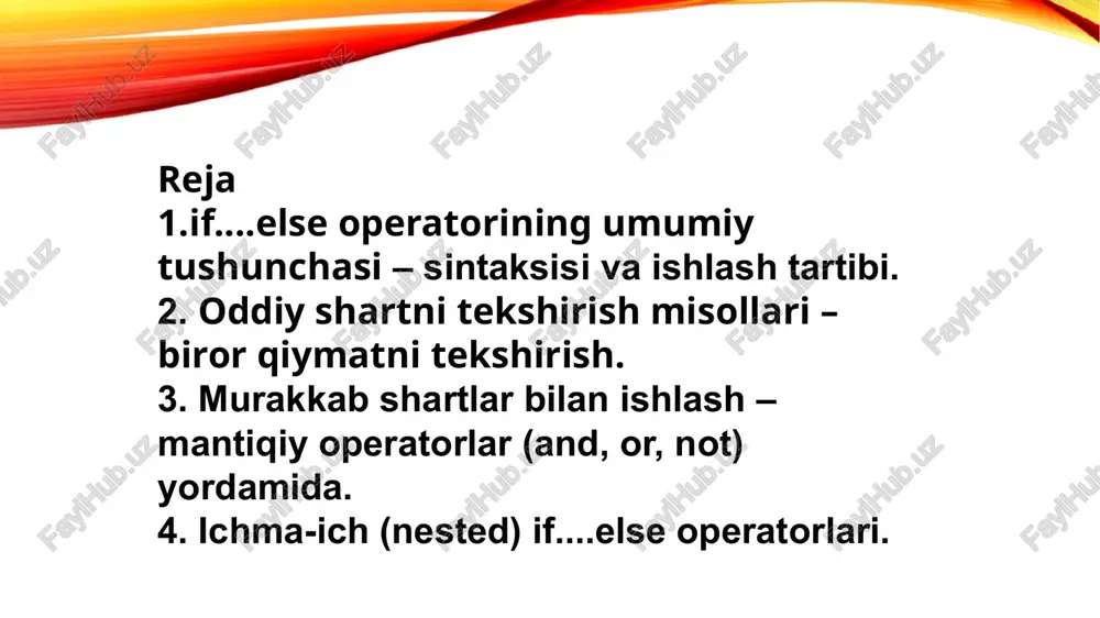 adi. agar berilgan shart bajarilsa, dastur if blokidagi buyruqlarni bajaradi, aks holda else blokidagi buyruqlar ishga tushiriladi. demak, if....else operatori dasturga qaror qabul qilish, ya’ni turli holatlarga mos ravishda turlicha natija chiqarish imkonini beradi. - “if-else” operatorlari orqali dastur oqimini boshqarish va turli shartlarni tekshirish imkonini o‘rganadilar. talabalar “if”, “elif”, va “else” dan qanday foydalanishni bilib oladilar. - dastur turli vaziyatlarga qanday munosabatda bo‘lishi kerakligini, ya’ni bir nechta variantlardan to‘g‘ri tanlovni amalga oshirishni o‘rganadi. - for loop funksiyalari yordamida kodni takrorlashni o‘rganadilar, takrorlanuvchi ma’lumotlar ustida samarali ishlashni bilib oladilar. - ro'yxatlar, ketma-ketliklar va boshqa iteratsiya (takrorlanadigan) obyektlarni qanday qayta ishlashni o‘rganadilar. - mantiqiy operatorlar (and, or, not) yordamida murakkab shartlarni tekshirish va natijalarga ko‘ra qaror qabul qilish imkoniyatiga ega bo‘ladilar. - talabalar bir nechta shartlarni bitta ifodada birlashtirib, kodning ishlashini optimallashtirishni o‘rganadilar. oddiy shartni tekshirish misollari dasturlashda shartli operatorlardan foydalanishning eng sodda ko‘rinishlaridan biri bu oddiy shartlarni tekshirishdir. oddiy shart …