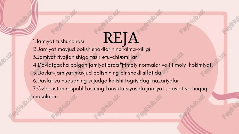 jamiyat rivojininga muayyan bosqichida undan ajralib chiqgan. •oz navbatida "jamiyat" va "davlat" tushunchalari aynan bir tushunchalar emas va ularni albatta farqlash zarur. •jamiyat davlatga nisbatan ancha oldin shakllangan va oz rivojining boy tarixiga ega! davlat jamiyat mavjud bolishining bir shakli sifatida davlat va huquqning vujudga kelishidagi nazariyalar 1.telogik nazariya(diniy nazariya) 2.i̇jtimoiy shartnoma nazariyasi 3.patriarxal nazariya (davlatni oilaga qiyoslash. boshliq ota rolida) 4.materialistik nazariya (davlat yoki xalqning iqtisodiy holatiga qarab boshqaruv) 5.zoravonlik nazariyasi (kuchliroq davlat kichikroğiga zulm otkazishi) 6.psixologik nazariya 7. irrigatsion nazariya thank you image1.png image2.svg image3.png image4.svg /docprops/thumbnail.jpeg