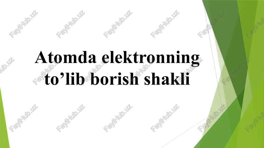lishi mumkin yonaki (orbital) kvant son l — atom orbitalining shaklini ko‘rsatadi. u 0 dan to(n — 1) ga qadar bo‘lgan barcha butun sonlar[l = 0, 1, 2 ¾(n — 1)] ga ega bo‘la oladi. l =0 bo‘lsa, atom orbital shar shakliga ega bo‘ladi (s- orbital); agar l = 1 bo‘lsa, atom orbital gantel shaklini oladi magnit kvant son m — atom orbitalining tashqi magnit yoki elektr maydonlarga nisbatan holatini belgilaydi. magnit kvant son orbital kvant songa bog‘liq holda o‘zgaradi; uning qiymatlari+l dan –l gacha bo‘lib, 0 ga ham teng bo‘ladi. binobarin,l ning har bir qiymatiga (2 l + 1) magnit kvant son to‘g‘ri keladi. spin kvant son s faqat + ½ va - ½ ga teng ikkita qiymatni qabul qila oladi. bu qiymatlar elektronning shaxsiy magnit momentining bir-biriga qarama-qarshi ikki yo‘nalishiga muvofiq keladi. s — har qaysi energetik pog‘onaning yadroga eng yaqin birinchi pog‘onachasi; u bitta s- orbitaldan tarkib …