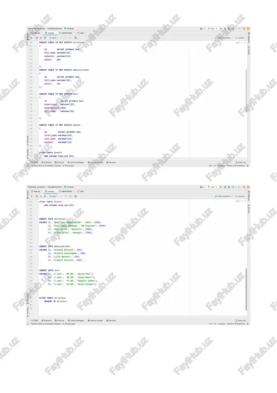 :30', ‘joyce wyatt'), (3, '5 year', '17:00', ‘rogelio jones'), (4, '3 year', '21:00', 'quinn holmes'); alter table direction rename to director @ problems terminal @ python packages ® python console pycharm 2022.2.4 available // update... (2 minutes ago) © services by bmnv »p =e geg ou +) ie} o ie hotel. v consoley 5 a “~5a vv ? n @, — of = q event log 27:3 lf aspaces python 3.10 (interfeys) ‘te interfeys > (=, main.py 98 @ main.py guests © console administrator chef e import tkinter as tk = import psycopg2 eee mysql i habibulloh def loading(data: dict): pls uieia connection = psycopg2.connect( last_name abdujabbarov user="postgres", phone_number +9989347833 password="1", room_num 1\| port="5432", database="hotel" - ) insert! delete! search filter first_name = data['first_name'] last_name = data['last_name'] contact = data['contact'] naam nium — datalinaam nium! 1 run: © main o4 /users/macbookair/pycharmprojects/interfeys/venv, 72 h - at eu g = 2 ber! …
