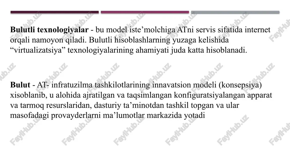 mega. sayt: sayt mega.co.nz 6. oblako mail. sayt: cloud.mail.ru 7. copy. sayt: copy.com 8. bitcasa. sayt: bitcasa.com 9. baidupan (drive). sayt: baidu.com 10. cloud me. sayt: cloudme.com 11. pcloud. sayt: www.pcloud.com. 12. syncplicity. sayt: syncplicity.com 13. mediafire. sayt: mediafire.com 14. jumpshare. sayt: jumpshare.com 15. dolly drive. sayt: dollydrive.com 16. ozibox. sayt: ozibox.com 17. mimedia. sayt: mimedia 18. slashdrive sayt: slashdrive.net va boshqalar. bulutli fayllarni saqlashning bir qatori asosan 2 dan 100 gb gacha bo'lgan bo'sh joy hajmi bilan farq qiladi, bu esa tarif rejalarini sotib olish yo'li bilan ko'paytirilishi mumkin. aksariyat ko'pchilik shaxsiy kompyuterlar va windows, android, linux, iphone va boshqalar uchun eng keng tarqalgan operatsion tizimlarni qo'llab-quvvatlaydi, bizning mamlakatimizdagi eng mashhur "bulutlar" rus tilidagi interfeysga ega. ammo o'ziga xos qiziqarli xususiyatlarga ega bulutlar ham mavjud. masalan: - google drive. 15 gb bepul. ajralib turadigan xususiyat - bu mavjud xizmatlarning ko'pligi: saytlar, formalar, taqvim, tarjimon, xaritalar va boshqalar. rus tili …