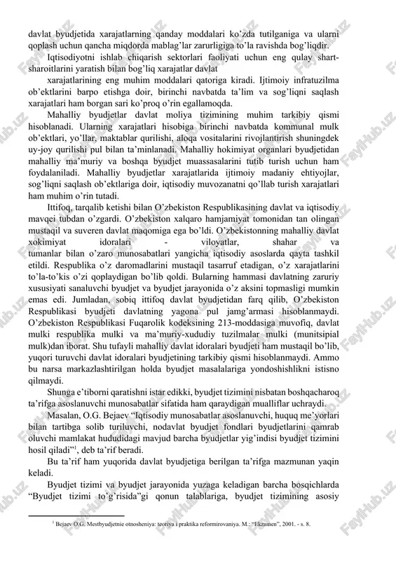 yotni tartibga solish, xo’jalik faoliyatiga ta’sir ko’rsatish shuningdek krizisga qarshi chora-tadbirlarni amalga oshirishning qudratli vositasi hamdir. hozirgi davlat byudjeti uning butun xilma-xil funktsiyalarini aks ettiradigan murakkab, ko’p ko’rinishli xujjat hisoblanadi. avvalo byudjetda davlat xarajatlari va daromadlari tartibi o’z aksini topadi. xarajatlar byudjet qurollarining sarflanish yo’nalishlari va maqsadlarini ko’rsatadi. xarajat moddalarining ahamiyati juda muhim, chunki ularning qanchalik maqsadga muvofiqligiga mazkur davlat soliq to’lovchilari zimmasiga yuklatiladigan soliq yukiga bog’liq bo’ladi. bundan shu narsa ravshanki, mazkur aniq davrda amal qiladigan soliqlar tizimi (soliq miqdori, ularni stavkalari, soliq solinadigan baza) davlat byudjetida xarajatlarning qanday moddalari ko’zda tutilganiga va ularni qoplash uchun qancha miqdorda mablag’lar zarurligiga to’la ravishda bog’liqdir. iqtisodiyotni ishlab chiqarish sektorlari faoliyati uchun eng qulay shart-sharoitlarini yaratish bilan bog’liq xarajatlar davlat xarajatlarining eng muhim moddalari qatoriga kiradi. ijtimoiy infratuzilma ob’ektlarini barpo etishga doir, birinchi navbatda ta’lim va sog’liqni saqlash xarajatlari ham borgan sari ko’proq o’rin egallamoqda. mahalliy byudjetlar davlat moliya tizimining muhim tarkibiy …