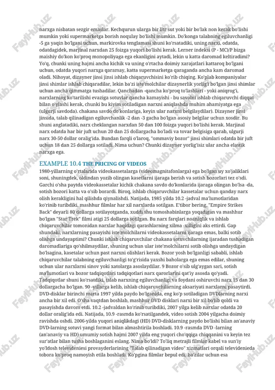 imliklar ishlab chiqaruvchilari o'z brendlarining narxlarini 1 foizga oshirgan bo'lsalar, alkogolsiz mahsulotlar miqdori talab qilinadigan ichimliklar 0,8 dan 1,0 foizgacha kamayadi. biroq, har qanday alkogolsiz ichimlikka bo'lgan talab ancha elastik bo'ladi, chunki iste'molchilar bir ichimlikni ikkinchisining o'rnini bosishi mumkin. elastiklik har xil brendlarda turlicha bo'lsa -da, tadqiqotlar shuni ko'rsatdiki, masalan, coca -cola talabining egiluvchanligi -5,7 atrofida. boshqacha aytganda, agar kola narxi 1 foizga oshgan bo'lsa -da, boshqa alkogolsiz ichimliklar narxi o'zgarmagan, talab qilingan kola miqdori taxminan 5 foizga kamayadi. talabalar va ishbilarmonlar ba'zan talabning bozor egiluvchanligi bilan firmaning (yoki brendning) talab egiluvchanligini chalkashtirib yuborishadi. farqni tushunganingizga ishonch hosil qiling. example 10.3 markup pricing: supermarkets to designer jeans chta misol markirovka narxlanishidan foydalanishga aniqlik kiritishi kerak. supermarketlar tarmog'ini ko'rib chiqing. oziq -ovqat mahsulotlariga bozor talabining egiluvchanligi kichik bo'lsa -da (taxminan -1), lekin ko'pgina supermarketlar odatda ko'p joylarga xizmat ko'rsatadi. shunday qilib, hech bir supermarket o'z xaridorlarini boshqa do'konlarga yo'qotmasdan, narxini ko'tarolmaydi. …