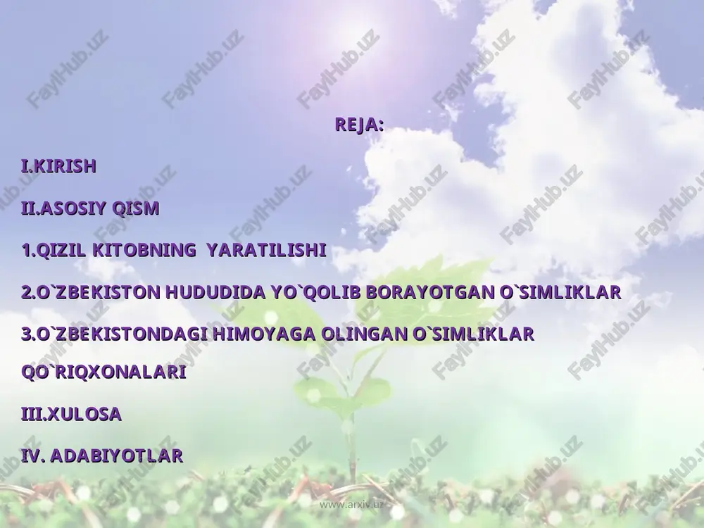 ashda qo‘riqxonalar muxim rol o‘ynaydi. qo‘riqxonalardan barcha tabiiy kompleks shundayligicha saqlanadi.ularning territoriyasidagi daraxt va butalarni kesish,pichan tayyorlash, mol boqish, baliq va boshqa hayvon va qushlarni ovlash, meva va boshqa narsalarni yig‘ish taqiqlanadi. davlat qo‘riqxonalarining asosiy vazifasi mazkur tabiat zonasi uchun tipik bo‘lgan zonani tabiyligicha saqlash va undagi o‘simlik, xayvon va qushlarni o‘rganishidir.. mashxur bo‘lgan qo‘riqxonalardan o‘rta osiyeda qoraqum cho‘lida repetek qo‘riqxonasidir. orol dengizining cho‘l orolida borsakelmas qo‘riqxonasi maydoni 18,5 ming amudaryo orolidagi payg‘ambar orol qo‘riqxonasi tyan-shan chotqol tog‘-o‘rmon qo‘riqxonasi, sari-chelak qo‘riqxonasi. jizzax oblastida zomin tog‘-o‘rmon qo‘riqxonasi. www.arxiv.uz www.arxiv.uz darhaqiqat, biologik rang-baranglikda o‘simliklar olamining o‘rni beqiyos. qolaversa, jamiyat ravnaqi uchun florani muhofaza qilish katta hayotiy va iqtisodiy ahamiyatga ega. mutaxassislarning ta’kidlashicha, yer yuzida insonning tabiatga noto‘g‘ri munosabati oqibatida, o‘simliklarning ming yillar davomida tashkil topgan tabiiy manzarasi o‘zgarib, qashshoqlashib, yashil olam o‘zining ko‘rkini yo‘qotmoqda, tabiatning ekologik muvozanati buzilmoqda. yana tabiiy maydonlar shiddat bilan o‘zlashtirilayapti. oqibatda o‘simliklarning noyob turlari, endem turlar tabiatdan yo‘qolib …