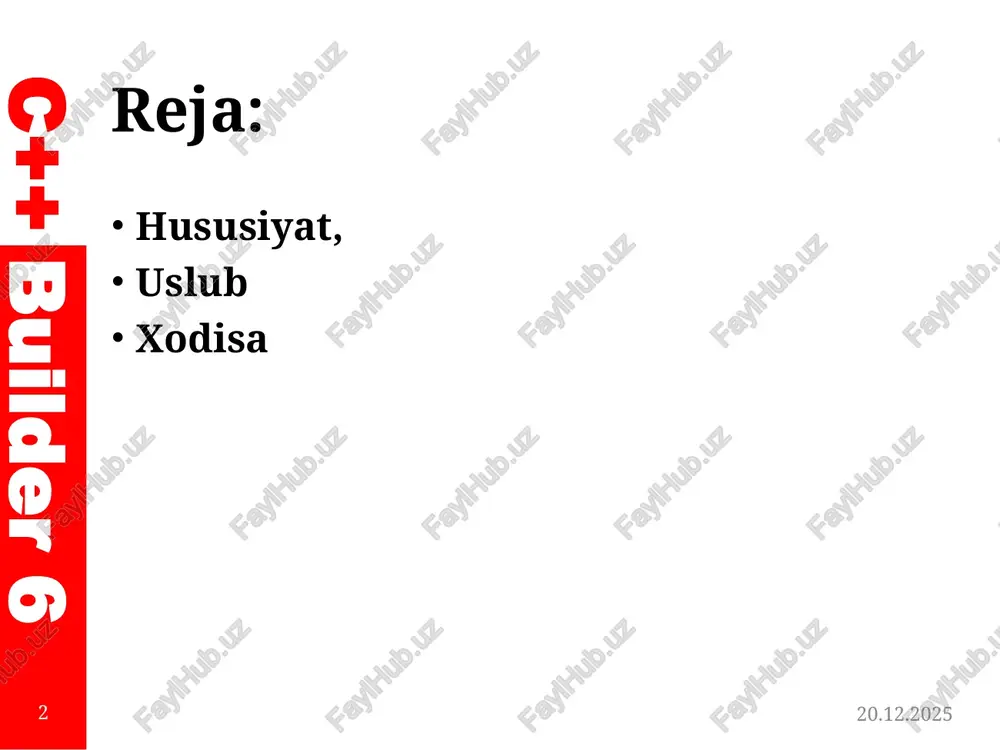 lbottom – pastki chegara bo’ylab; alleft – chap chegara bo’ylab; alright – o’ng chegara bo’ylab; alcilent – joylashtirilgan ob’yektning kattaligi bo’yicha. alignment ob’yektning sarlavhasi joylashuvi: taleftjustify – chap tomonga; tarighoustify- o'ng tomonga; tacenter – o'rtaga; 16.04.2020 6 c++ builder 6 hususiyat, uslub va xodisa hususiyat vazifasi anchors formada ob’yektning qanday o’zgarishini bildiradi. masalan: siz akleft, aktop holatlarini tanlasangiz ob’yetning kengligi uning harakatlanishiga qarab o’zgaradi autoscroll agar qiymati true bo’lsa, avtomatik barlar paydo bo’ladi. autosize agar qiymati true bo’lsa, ob’yektning qiymati avtomatik ravishda uning qiymatiga mos keladi. bidimode asosiy hususiyatlarni hisobga olib ob’yektlarning hatti harakatini o’zgartiradi. bdlefttorighf – chapdan o’nga, bdrighttoleft – o’ngdan chapga 16.04.2020 7 c++ builder 6 hususiyat, uslub va xodisa hususiyat vazifasi borderlcons formaning ikonkalarini joylashuvini belgilaydi. borderstyle ob'ektning chegara turi. bu qadriyatlarni oladi: bsnone - ramka yo'q; bssi'ngle - oddiy ramka; bssizeable - ob'ektni sichqoncha bilan o'lchamoqchi bo'lgan freym; bsdialog - dialog qutilarining uslubida ramkalar; bstoolwindow - …
