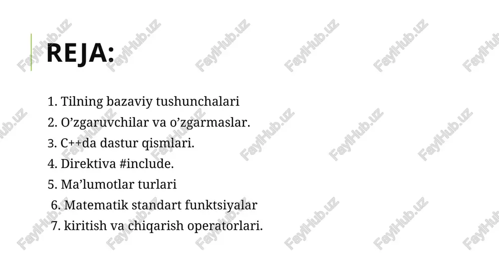 unksiyalar c++ dasturlash tilida matematik standart funksiyalarni ishlatish uchun dasturga alohida kutubxonani chaqirilib olinadi. bu kutubxona math.h yoki cmath kalit so’zlari yordamida chaqiriladi. bu matematik kutubxonada matematika fanida ishlatiladigan barcha funktsiyalar berilgan. quyida keltirilgan jadvalda ba’zi matematik funktsiyalarni c++ dasturlash tilida yozilishi keltirilgan: matematik standart funksiyalar matematik standart funksiyalar bu funktsiyalardan tashqari o’zgarmaslarning ham qiymatlari berilgan. masalan, hammamizga ma’lum bo’lgan matematika kursidagi π soni c++ dasturlash tilida m_pi deb yoziladi. quyidagi jadvalda π soni bilan bog’liq bo’lgan o’zgarmaslar keltirilgan: matematik standart funksiyalar chiqarish operatorlari c++ dasturlash tilida dastur tuzish davomida biz turli ko’rinishdagi ma’lumotlarni kiritish va chiqarish amallarni bajaramiz. bu amallarni bajarish uchun biz kiritish/chiqarish oqimidan foydalanamiz. bu oqimdagi operatorlar yordamida ma’lumotlarni kiritamiz va ekranga chiqaramiz. cout operatori yordamida ma’lumotlarni ekranga chiqaramiz. bu operator bilan ishlashda ma’lumotlarni ekranga chiqarishda ikkita kichik “ >”, ya’ni “kiritish buyrug’i” bizga yordam beradi. quyidagi misolni ko’rib chiqaylik: int a; cin >> a; yuqorida keltirilgan …