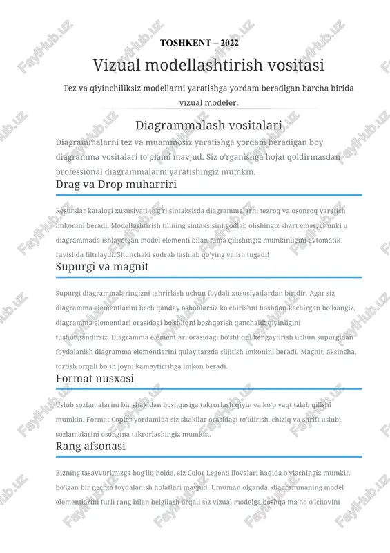 n belgilash orqali siz vizual modelga boshqa ma'no o'lchovini qo'shishingiz mumkin, masalan, ustuvorlik, rivojlanish bosqichlari, etuklik darajasi va boshqalar. hizalama bo'yicha qo'llanma hizalama qo'llanmasi sizga shakllarni diagrammada aniq joylashtirishga va umumiy tartib va ​​niyat hissini yaratishga yordam beradi. modellashtirish vositalari modellaringizni samarali tarzda qurish va boshqarishga yordam beradigan kuchli vizual modellash vositalari. modelning qayta ishlatilishi boshqa murakkab diagramma yo'q! turli vaziyatlar yoki kontekstlarga asoslangan bir nechta diagramma yarating. model elementini bir nechta diagrammalarda tasavvur qilishingiz mumkin. bir ko'rinishga o'zgartirish kiritilganda, boshqa ko'rinishlar mos ravishda yangilanadi. bu sizning dizayningizning izchilligini ta'minlashga yordam beradi. pastki diagramma modelning murakkabligini kamaytirish va modelning tushunarliligini yaxshilashning yana bir usuli bu modelni har bir daraja alohida diagramma bilan modellashtirilgan holda bir necha darajalarga bo'lishdir. vizual paradigma sizga model elementi uchun kichik diagramma(lar)ni yaratish imkonini beradi. barcha elementlarni bitta diagrammaga qo'yish o'rniga. elementning tafsilotlarini alohida diagrammada modellashtiring. taxallus nicknamer sizning mdoelingiz uchun bir nechta nomlar to'plamini belgilashga …