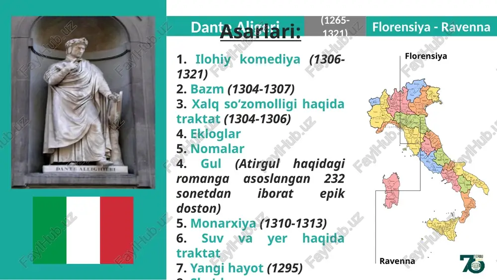 rixi, tasnifi va poetik xususiyatlari haqida fikr yuritib, g‘arb tilshunoslik ilmiga asos soldi. muallif italyan tili shevalari asosida yaxlit italyan adabiy tilni shakllantirishni targ‘ib qiladi. dantening ilk to‘plami. ushbu asar 30 ta sonet va kanson*lardan iborat bo‘lib, 1290-yil bevaqt vafot etgan sevgilisi beatrichening xotirasiga bag‘ishlanadi. she’rlar xronologik joylashtirilib, ularning mazmuni nasriy hikoyalar, falsafiy izohlar bilan sharhlangan. asar g‘arb adabiyotidagi ilk avtobiografik qissa sanaladi. * kanson – qo‘shiq “ilohiy komediya” haqida 1 6 4 3 2 dante bu asar 1308-1321-yillarda yozilgan bo‘lib, muallif uni oddiygina “komediya” deb nomlagan. danteshunoslar fikricha, “ilohiy” sifati asar sujetidagi diniy mavzuga nisbatan qo‘llanilmagan, balki uning tugallangan, mukammal, badiiy yuksak qomusiy asar ekanligiga ishora tarzida qo‘llangan. sababi o‘rta asr adabiyotida boshlanishi xayrli, yakuni qayg‘uli asarlar “tragediya” deb baholansa, boshlanishi qayg‘uli, yakuni qayg‘uli asarlar “komediya” deb atalgan. ushbu asar o‘rta asr sharq va g‘arb adabiyoti, qadimgi yunon va rim madaniyatining sintezi sifatida yaraldi. sarlavhadagi “ilohiy” sifati dante vafotidan …