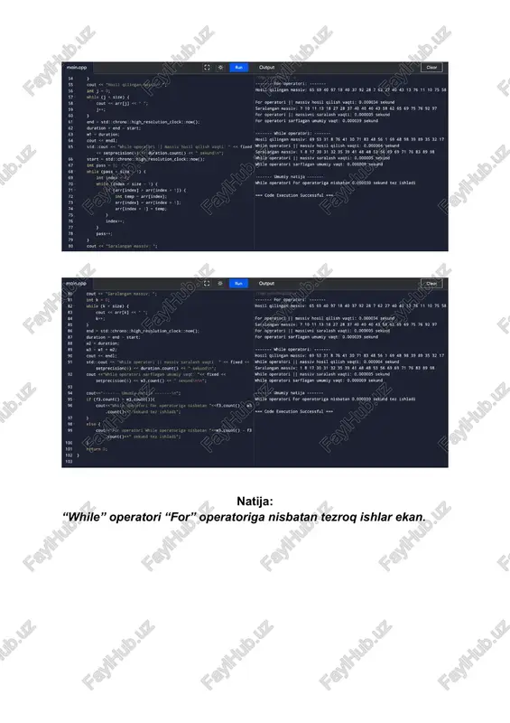 c++ dasturlash tilida “for” va “while” operatorlarining massiv elementlari ustida bajargan amallarining vaqt bo’yicha testlash dasturi - Page 2