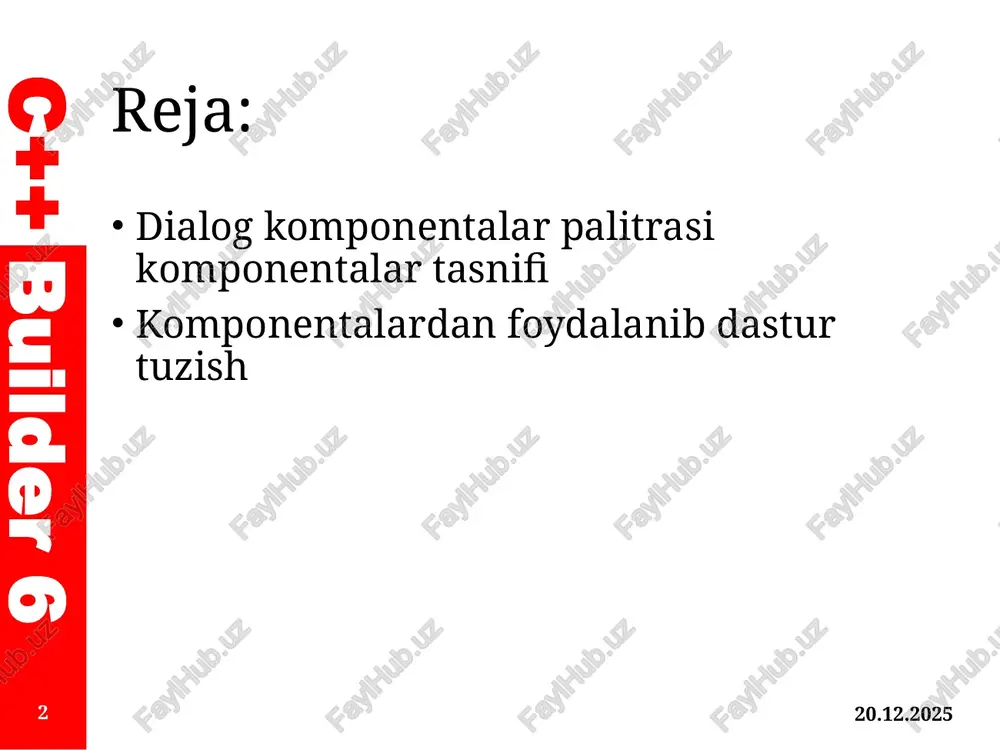 yaratish imkoniyatini beradi. c++ builder 6 dialog komponentalar palitrasi komponentalar tasnifi 25.04.2022 9 colordialog (rang tanlash) - windows rang tanlagichidan rang tanlash uchun muloqot oynasini yaratish uchun mo'ljallangan. olingan raqamli rang parametrini keyinchalik rang xususiyatiga ega bo'lgan har qanday tarkibiy qismga sotish mumkin. c++ builder 6 dialog komponentalar palitrasi komponentalar tasnifi 25.04.2022 10 printdialog (printerni tanlash uchun dialog) - dasturda kompyuterga o'rnatilganlar orasidan bosib chiqarish uskunasini tanlash uchun dialogni tashkil qilish imkonini beradi. bunga qo'shimcha ravishda, ushbu dialog sizga nusxalar sonini belgilash, bosilgan sahifalarni tanlash yoki hajmini belgilash va hokazolarga imkon beradi. c++ builder 6 dialog komponentalar palitrasi komponentalar tasnifi 25.04.2022 11 printersetupdialog (printerni o'rnatish dialogi) - dasturda qog'oz turini, uning yo'nalishini, grafik displey parametrlarini va boshqalarni tanlashni o'z ichiga olgan bosib chiqarish moslamasining parametrlarini sozlash uchun dialog yaratadi. c++ builder 6 dialog komponentalar palitrasi komponentalar tasnifi 25.04.2022 12 finddialog (search dialog) - qidirish parametrlarini sozlash qobiliyati bilan dasturda matn …