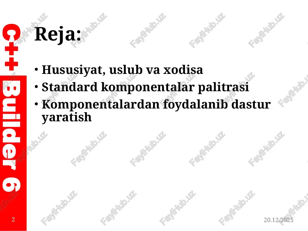 nday boshqaruv ta'kidlanganligini aniqlaydi align ob’yektning holatini belgilaydi. masalan: alnone – o’z xolatida; altop – yuqori chegara bo’ylab; albottom – pastki chegara bo’ylab; alleft – chap chegara bo’ylab; alright – o’ng chegara bo’ylab; alcilent – joylashtirilgan ob’yektning kattaligi bo’yicha. alignment ob’yektning sarlavhasi joylashuvi: taleftjustify – chap tomonga; tarighoustify- o'ng tomonga; tacenter – o'rtaga; 25.04.2019 6 c++ builder 6 hususiyat, uslub va xodisa hususiyat vazifasi anchors formada ob’yektning qanday o’zgarishini bildiradi. masalan: siz akleft, aktop holatlarini tanlasangiz ob’yetning kengligi uning harakatlanishiga qarab o’zgaradi autoscroll agar qiymati true bo’lsa, avtomatik barlar paydo bo’ladi. autosize agar qiymati true bo’lsa, ob’yektning qiymati avtomatik ravishda uning qiymatiga mos keladi. bidimode asosiy hususiyatlarni hisobga olib ob’yektlarning hatti harakatini o’zgartiradi. bdlefttorighf – chapdan o’nga, bdrighttoleft – o’ngdan chapga 25.04.2019 7 c++ builder 6 hususiyat, uslub va xodisa hususiyat vazifasi borderlcons formaning ikonkalarini joylashuvini belgilaydi. borderstyle ob'ektning chegara turi. bu qadriyatlarni oladi: bsnone - ramka yo'q; bssi'ngle - …
