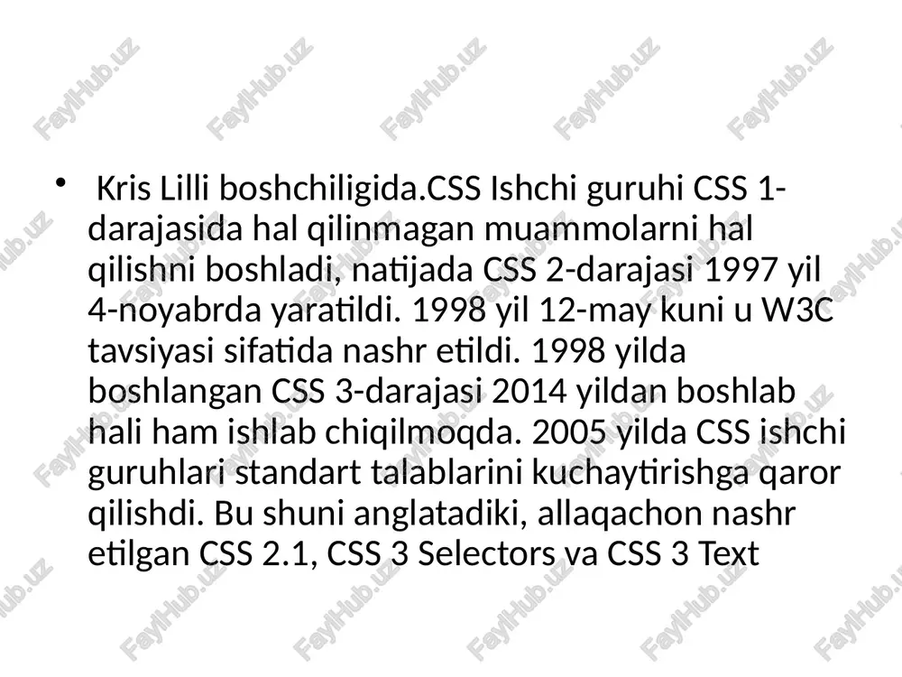 bo’yini belgilash tavsiya etilmaydi. width-( ) yani blokni enini belgilaydi har doim width dan foydalanilganda enini aniq (px) berish tavsiya etiladi border-( ) yani blokni chegara chizig’ini belgilaydi. border-style:solid;dotted; border-color:red; border-width:2px; border-top:none; border-button:none; border-radius:20px; margin-( ) yani blok bilan brouzerning tashqi maydonihisoblanadi. margin hususiyati soat strelkasi bo’yicha margin-top, margin-right, margin-button, margin-left. paddin-( ) yani blok bilan brouzerning ichki maydonihisoblanadi. padding bu blok ichidagi malumotdan chegara chizig’igacha bo’lgan masofani suradi. margin blok bilan malumotni birga suradi padding esa blok ichidagi malumotni suradi. float-( ) bo’ladi. yani blokni chapga yoki o’nga suradi. clear- ( ) o’nga yoki chapga tozalaydi. yani bloklarni orasini tozalaydi. /docprops/thumbnail.jpeg c38 cascading style sheet —kaskacl stillar jndvali 11996 yl 17 dekabrda wic cssini tavsiya aici 2011 yl 7 iyunda c352 tolaligicha tavsva alin, kamehilklar bartaraf etl 2014 yl c383 tavsya ailing,