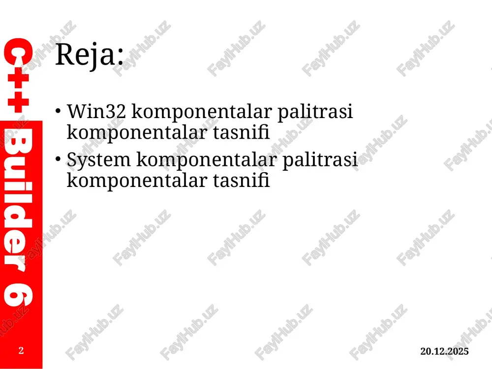 sm hajmini boshqarish, va hakozolar sifatida foydalaniladi. tprogresbar(harakatlanuvchi ko’rsatgich)–dasturda uzoq ko`rsatmalarni bajarish jarayonini ko`rsatish uchun forma bo`yicha to'rtburchaklar ko'rsatkich hosil qiladi. 18.04.2022 7 c++ builder 6 win32 komponentalar palitrasi komponentalar tasnifi tupdown(yuqoriga–pastga) –bu komponentning yuqoriga va pastga tugmalari yordamida qiymatni oshirish yoki kamaytirish qobiliyatiga ega interfeys elementlarini yaratish uchun ishlatiladi. thotkey(maxsus klavishlar) –menyudagi bo'limlarga tezkor kirishni aniqlaydigan foydalanuvchi tezkor klavishlarini yaratish imkoniyatini beradi. 18.04.2022 8 c++ builder 6 win32 komponentalar palitrasi komponentalar tasnifi tanimate(animator) –avi formatida video yozuvlarni o'ynash uchun forma bo'yicha ko'rinmas konteyner hosil qiladi. tdatatimepicker(sana va vaqtni chaqaruvchi) –dasturda sana va vaqtni kiritish uchun interfeys hosil qiladi. tmonthcalendar(oylik taqvim) –oyning barcha kunlarini aks ettirish va oylarni almashtirish va joriy kunni sozlash uchun taqvim shaklida joylashadi. 18.04.2022 9 c++ builder 6 win32 komponentalar palitrasi komponentalar tasnifi ttreeview(daraxt ko'rinishi) –dasturdagi ma'lumotlar ierarxik daraxt ko'rinishini yaratishga imkon beradi. tlistview(ro'yxat ko'rinishida) –har xil uslubda ko'rsatiladigan elementlarning ro'yxatini (katta belgilar, kichik piktogramma, stol, …