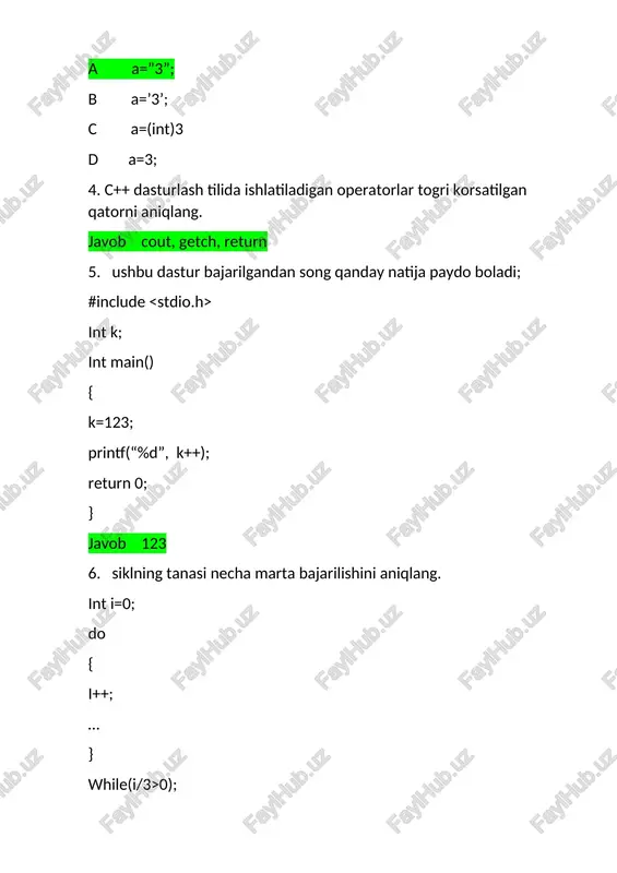 ’shadi (char toifasida) javob strcat(); 31. to’gri e’lon qilingan 25 ta qatordan iborat satr o’zgaruvchisini a ni aniqlang javob string a[25;] 32. funksiyalar virtual deb ……….. ataladi, javob asosiy sinfdan olingan voris sinfda qayta aniqlanishi mumkin bolgan funksiyalar 33. vorislik bu………….. javob bir obyekt boshqa obyektning xossalari va usullarini oladi, yani bir sinf boshqa sinfdan meros oladi . birinchi sinfning barcha atributlari va usullari ikkinchi sinfga otadi 34. polimorfizm bu …………. javob turdosh sinflar uchun umumiy harakatlarni belgilash uchun bitta nomdan foydalanisshga ruhsat berishgni anglatadi 35. quyidagi dastur qismi natijasini aniqlang int *x=new int ; /* x korsatgichi 0x100607000 xotira adresini korsatib turibdi deb hisoblaylik*/ cout a[i])) imin=i; } if(imin==-1) cout >n; a=new double*[n]; for(int i=0; i size ) count++; 54. dasturning bajarilishi natijasida ekranga qanday ko’rsatiladi. int x, y; x=2; if(x=1) y=x+1; else y=x-2; cout using namespace std; int main() { char *s=”c++”; cout 6) if(x>2 && x 0); …