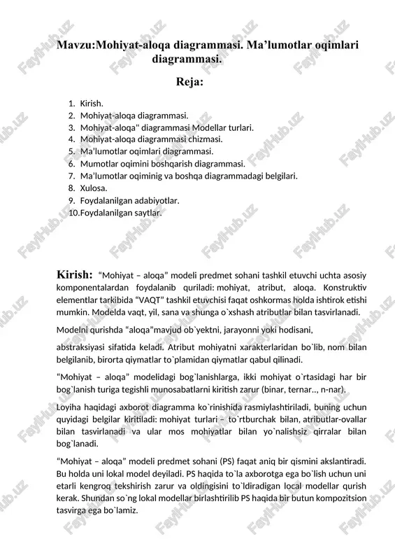 si tashkil etadi. ma‘lumotlar bazasi deb kompyuter xotirasida saqlanuvchi ma‘lum sohaga tegishli faktografik ma‘lumotlar majmuasiga aytiladi. faktografik ma‘lumotlar ma‘lum turdagi foydalanuvchilar uchun kerak bo‘lgan real predmetlar, hodisalar va jarayonlar xossalarini aks ettiruvchi ma‘lumotlardir. predmet sohasi bu boshqarishni avtomatlashtirish lozim bo‘lgan sohadir. ma‘lumotlar bazasida konkret predmet sohasiga tegishli dinamik ravishda yangilanuvchi ma‘lumotlar tizimi saqlanadi. ma‘lumotlar bazasida ma‘lumotlar bilan birga ularning tavsiflari saqlanadi. foydalanuvchi dasturlariga bog‘liq bo‘lmagan bu ma‘lumotlar metama‘lumotlar deyiladi. metama‘lumotlar ma‘lumotlar bazalari lug‘atlarida saqlanadi. ma‘lumotlar banki deganda ma‘lumotlar integrallashgan majmuasini qo‘llash uchun mo‘ljallangan algoritmik, dasturiy, texnik va tashkiliy vositalarga aytiladi. axborot texnologiyasi — axborot tizimlarni yaratish va yuritish usullari hamda vositalari majmuasi; axborot tizimi — axborotni to‘plash, saqlash, izlash, o’nga ishlov berish hamda undan foydalanish imkonini beruvchi tizim. har qanday axborot tizimi strukturasi, qo‘llanish sohasidan qatiy nazar, bir nechta qismlardan iborat bo‘ladi. ta‘minlovchi qismlar olti xil bo‘ladi: texnik, matematik, dasturiy, tashkiliy, huquqiy ta‘minotlar. ta‘riflar: mohiyat - predmetlar, hodisalar, jarayonlar umumiy …