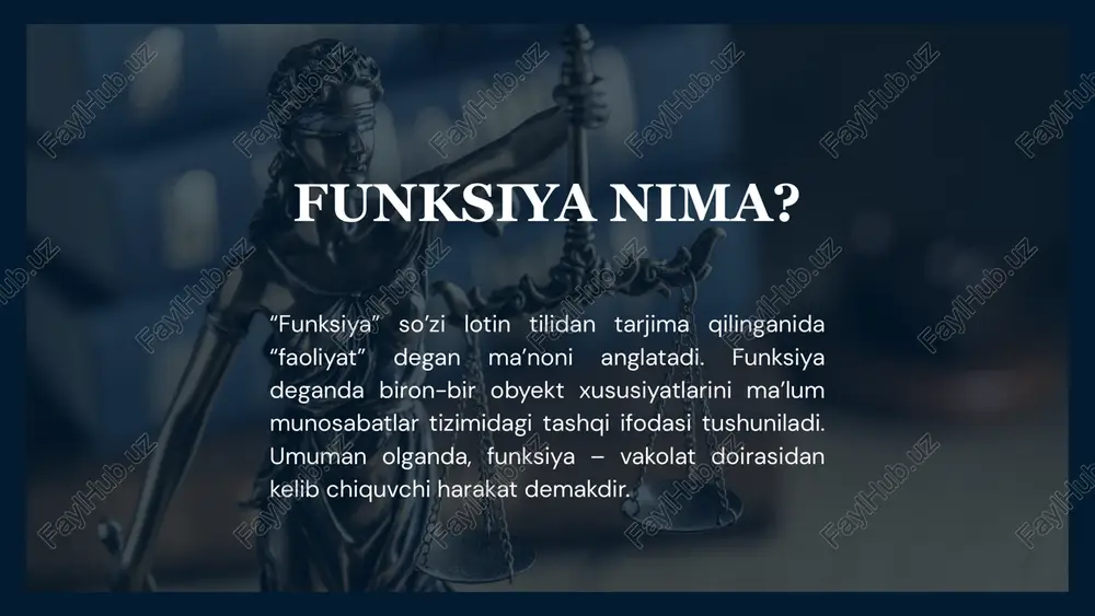 turmush tarzini yaratish, ta’lim sohasi, sog’liqni saqlash va madaniyatni rivojlantirish va boshqalar. asosiy ichki funksiyalar siyosiy funksiya – bu davlat (jamiyat)ning siyosiy hayotini boshqarish, davlat organlarini shakllantirish hamda ularning faoliyatini tashkil etishdan iborat. huquqiy tartibotni muhofaza qilish funksiyasi – davlatning jamiyatda qonuniylik va huquqiy tartibotni mustahkamlash, inson va fuqarolarning huquq va manfaatlarini himoya qilish kabilarga qaratilgan. asosiy ichki funksiyalar tinchlikni ta’minlash funksiyasi – bu davlat tomonidan aholining tinch-totuv yashashi uchun zarur shart-sharoitlarni yaratib berish, turli millatlarni va ijtimoiy guruhlarni murosai madorada saqlab turish, ularning orasida kelib chiqishi mumkin bo’lgan nizolarning oldini olish hamda bartaraf etishdan iborat. davlatning ekologik funksiyasi – uning jamiyat talab va ehtiyojlarini yanada to’liqroq ta’minlash va jamiyat a’zolarining yashash, mehnat va dam olish sharoitlarini yaxshilash, atrof tabiiy muhitni muhofaza qilish vazifalarini hal etish, tabiiy resurslardan oqilona foydalanish, ularni tiklash va ko‘paytirish borasidagi faoliyatidir. ichki tuzilishiga ko‘ra, davlatning ekologik funksiyasi o‘zaro bog‘liq uch yo‘nalishda amalga oshiriladi: a) atrof …