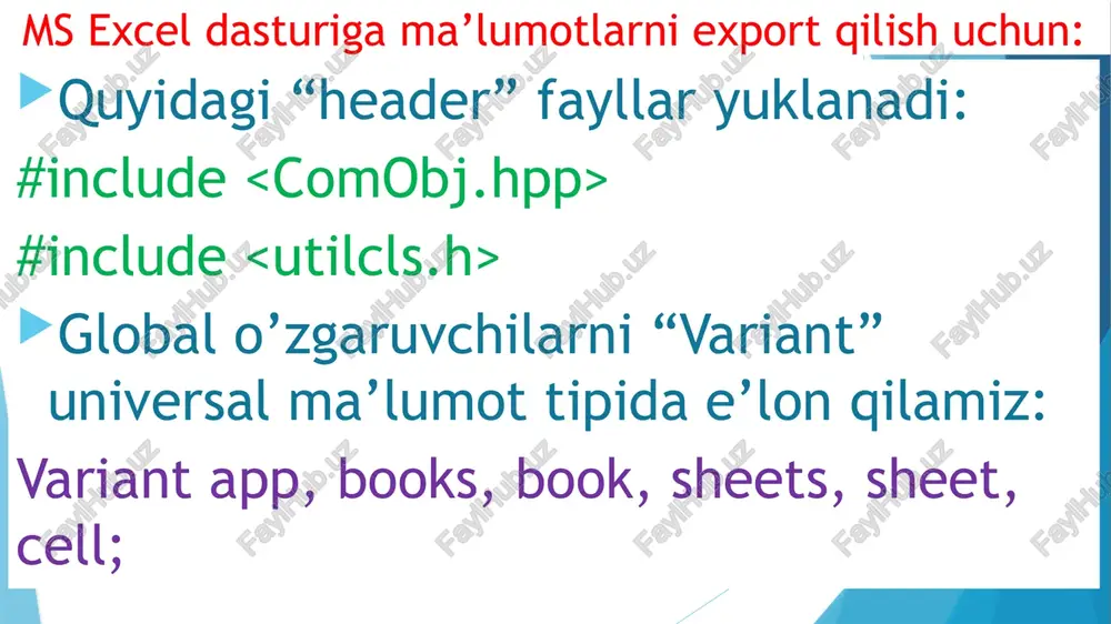 ure("add"); vvarbook=vvarbooks.olepropertyget("item", 1); vvarsheets=vvarbook.olepropertyget("worksheets"); vvarsheet=vvarsheets.olepropertyget("item", 1); vvarsheet.olepropertyset("name", "yangilist"); vvarsheet=vvarsheets.olepropertyget("item", 3); vvarsheet.olepropertyset("name", "ikki"); for(int i=1; i #include variant vvarapp, vvarbooks, vvarbook, vvarsheets, vvarsheet, vvarcells, vvarcell; void __fastcall tform1::button1click(tobject *sender) { vvarapp=createoleobject("excel.application"); vvarapp.olepropertyset("visible", true); vvarapp.olepropertyget("application").olepropertyget("workbooks").oleprocedure("open","c:\\bonus\\journal.xlsx"); vvarapp.olepropertyset("visible", true); } exceldan ma’lumotlarni import qilish #include #include variant vvarapp, vvarbooks, vvarbook, vvarsheets, vvarsheet, vvarcells, vvarcell; void __fastcall tform1::button1click(tobject *sender) { vvarapp=createoleobject("excel.application"); vvarapp.olepropertyset("visible", true); vvarapp.olepropertyget("application").olepropertyget("workbooks").oleprocedure("open","c:\\bonus\\journal.xlsx"); vvarapp.olepropertyset("visible", true); vvarbooks=vvarapp.olepropertyget("workbooks"); vvarbook=vvarbooks.olepropertyget("item", 1); vvarsheets=vvarbook.olepropertyget("worksheets"); vvarsheet=vvarsheets.olepropertyget("item", 1); //vvarsheet.olepropertyset("name", "yangilist"); vvarcell=vvarsheet.olepropertyget("cells").olepropertyget("item", 5,2); ansistring ad=vvarcell.olepropertyget("value"); listbox1->items->add(ad); vvarcell=vvarsheet.olepropertyget("cells").olepropertyget("item", 6,2); ad=vvarcell.olepropertyget("value"); listbox1->items->add(ad); vvarcell=vvarsheet.olepropertyget("cells").olepropertyget("item", 7,2); ad=vvarcell.olepropertyget("value"); listbox1->items->add(ad); …………. } void __fastcall tform1::button19click(tobject *sender) { app=createoleobject("excel.application"); app.olepropertyset("visible", true); app.olepropertyset("sheetsinnewworkbook",5); books=app.oleproperty