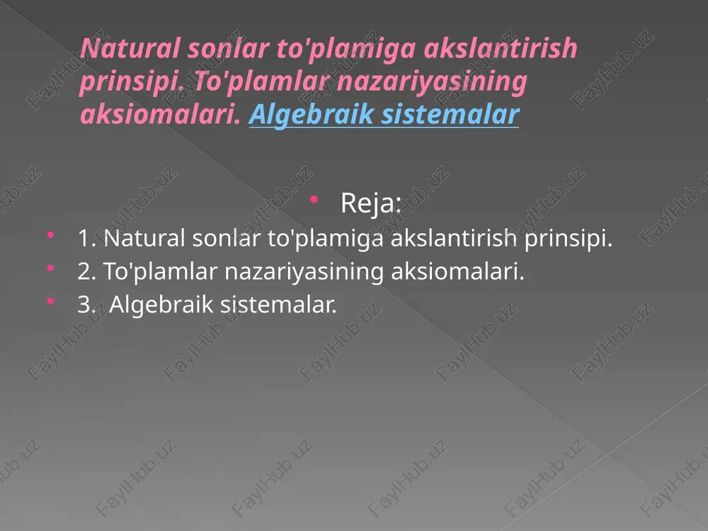 plami va hokazo. bunday to‘plamlar uchun maxsus «bo‘sh to‘plam» nomi berilgan va uni belgalashda sh simvoldan foydalaniladi. ma’lumki, har qanday to‘plam bo‘sh to‘plamni o‘zida saqlaydi va har qanday to‘plam o‘zining qismi sifatida qaralishi mumkin. to‘plamlarning bo‘sh to‘plamdan va o‘zidan farqli barcha qism to‘plamlari xos qism to‘plamlar deb ataladi. 1.1. to‘plamlar ustida amallar. ixtiyoriy tabiatli a va b to‘plamlar berilgan bo‘lsin. agar c to‘plam faqatgina a va b to‘plamlarning elementlaridan iborat bo‘lsa, u holda c to‘plam a va b to‘plamlarning yig‘indisi yoki birlashmasi deyiladi va c = au b shaklda belgilanadi (1.1-chizmaga qarang). ixtiyoriy (chekli yoki cheksiz) sondagi aa to‘plamlarning yig‘indisi ham shunga o‘xshash aniqlanadi: aa to‘plamlarning kamida biriga tegishli bo‘lgan barcha elementlar to‘plami bu to‘plamlarning yig‘indisi deyiladi va bu munosabat a −a u a shaklda belgilanadi. endi a va b to‘plamlar kesishmasini ta’riflaymiz. a va b to‘plamlarning umumiy elementlaridan tashkil topgan to‘plam ularning kesishmasi deyiladi (1.2- chizmaga qarang) va ai …