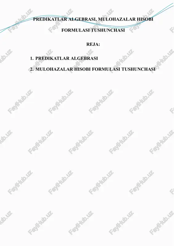 ) formula 𝑀 to`plamning elementlarini x1, . . . , xn o‘zgaruvchi predmetlar o`rniga qo‘yib chiqib, ℑ formulaning qiymatlarini tekshirib chiqamiz. bu jarayon chekli qadamda yakunlanadi. kvantor amallarini esa kon’yunksiya, diz’yunksiya amallari bilan almashtirish mumkin. - misol. x u ( r ( x, u, z )  q ( x )) formula 𝑀  { a, b } to`plamda bajariluvchi bo‘lish bo‘lmasligini aniqash uchun avval formula ko‘rinishini asosiy tengkuchliliklar yordamida o‘zgartiramiz :x u ( r ( x, u, z )  q ( x ))  x ( p ( x, a, z )  q ( x )   r ( x, b, z ))  ( p ( a, a, z )  q ( a )  p ( a, b, z ))   ( p ( b, a, z )  q ( b )  p ( b, b, z )). hosil bo‘lgan …