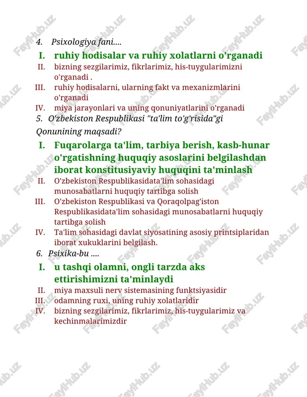 an qat'iy tarzda qabul qilingan savollarga beriladigan javoblarni taqazo etadi ii. odam psixikasining masala echish, vazifalarni bajarish jarayonida kuzatishdir iii. psixik hodisalarni tushuntirib beruvchi usullar majmuidir. iv. odam psixikasini o'rganishdagi vazifalar to'plamidir 8. vatanga sodiq tarbiyali inson sifatlarini tulik belgilang i. uzligini anglash, uzini ozod, erkin, nodir, ulug, siymoligini anglash ii. uziga xos milliy insoniy sifatlarini ochib beruvchi ma'naviy-insoniy asoslarini anglash iii. ezgu niyat, fikr, ezgu suz, xushmuomila, ezgu ish, ezgu faoliyat iv. aklan etuk, jimonan soglom, ma'naviy pok tuygularni anglash 9. kaysi buyuk rus pedagogi uzining asarida mashgulotlar orasida tanafuslar berilishini, guruxlardagi bolalar yoshi va sonini bir xil bulishiga e'tibor berilishini aytgan i. ya.a. komenskiy ii. a.m. makarenko iii. v.a. suxomlinskiy iv. d.k. ushinskiy 10. o'zbekiston respublikasi "ta'lim tugrisida konun" amaldagisi kachon kabul kilingan i. 1997 yil 29 avgust ii. 1995 yil 10 mart iii. 1992 yil 20 oktyabr iv. 1999 yil 16 avgust 11. o'zbekiston respublikasi "kadrlar tayyorlash …