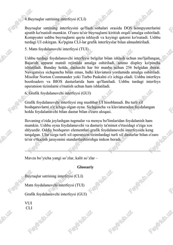 modulini boshqarishi mumkin. kutubxona uchta darajaga bo'linadi: grafik ob'ektlar (grafika ob'ektlari qatlami - gol), grafik ibtidoiylar (grafika ibtidoiy qatlami) va qurilma drayverlari (device driver layer). grafik ob'ektlar darajasi murakkab grafik ob'ektlarni yaratish va boshqarish uchun vositalarni o'z ichiga oladi, ular o'z navbatida chiziq, to'rtburchaklar, aylana va boshqalar kabi platformadan mustaqil grafik ibtidoiylar yordamida yaratiladi. qurilma drayverlari ekranga xos bo'lib, kutubxonaning yuqori darajalari uchun asosiy funktsiyalarni ta'minlaydi. 3. foydalanuvchi interfeyslarining rivojlanish bosqichlari va turlariga tarif bering. grafik foydalanuvchi interfeysi - bu doimiy ravishda kompyuterning ishlashi bilan birga mustahkam o'rnashgan interfeysning bir turi. yaqin kelajakda foydalanuvchi audio interfeyslari paydo bo'lishi mumkin ( vui yoki ovozli foydalanuvchi interfeysi) bu odamlarga nutq orqali kompyuter bilan o'zaro aloqada bo'lishga imkon beradi. 4.buyruqlar satrining interfeysi (cli) buyruqlar satrining interfeysini qo'llash sohalari orasida dos kompyuterlarini ajratib ko'rsatish mumkin. o'zaro ta'sir buyruqlarni kiritish orqali amalga oshiriladi. kompyuter ushbu buyruqlarni qayta ishlaydi va keyingi qatorni ko'rsatadi. ushbu turdagi ui …