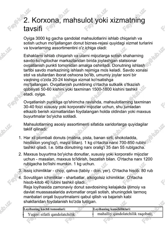 va tovarlarning assortimentini o'z ichiga oladi: eshaklarni ishlab chiqarish va ularni mijozlarga sotish shaharning savdo-ko'ngilochar markazlaridan birida joylashgan statsionar ovqatlanish punkti tomonidan amalga oshiriladi. donutning ishlash tartibi savdo markazining ishlash rejimiga mos keladi. savdo xonasi stol va stullardan iborat oshxona bo'lib, umumiy joylar soni bir vaqtning o'zida 20-24 kishiga xizmat ko'rsatishga mo'ljallangan. ovqatlanish punktining o'rtacha sutkalik o'tkazish qobiliyati 50-60 kishini yoki taxminan 1500-1800 kishini tashkil etadi. oyiga. ovqatlanish punktiga qo'shimcha ravishda, mahsulotlarning taxminan 30-40 foizi xususiy yoki korporativ mijozlar uchun, shu jumladan etkazib berish xizmatlaridan foydalangan holda oldindan yoki maxsus buyurtmalar bo'yicha sotiladi. mahsulotlarning asosiy assortimenti sifatida xaridorlarga quyidagilar taklif qilinadi: 1. har xil plombali donuts (malina, pista, banan sirli, shokoladda, hindiston yong'og'i, mayiz bilan). 1 kg o'rtacha narxi 700-850 rublni tashkil qiladi. i.e. bitta donutning narx oralig'i 35 dan 55 rublgacha. 2. maxsus buyurtma bo'yicha donutlar, xususiy yoki korporativ mijozlar uchun - masalan, maxsus to'ldirish, bezatish bilan. o'rtacha narx …