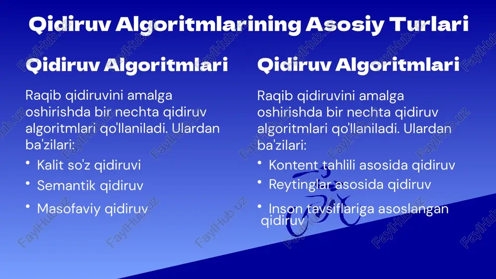 i, mijozlarning maqsad auditoriyasini va geografik bozor ulushini aniqlashga yordam beradi. kontent tahlili asosida qidiruv bu usulda raqobatchilaringizning veb-saytlari, ijtimoiy media sahifalari, bloglar va boshqa kontentlarini tahlil qilish orqali ularning marketing strategiyasi, maqsad auditoriyasi va kontent sifatini aniqlash mumiz. reytinglar asosida qidiruv reytinglar asosida qidiruv raqobatchilaringizning mijozlar tomonidan berilgan baholari va sharhlari, shu jumladan mahsulotlarning sifati, xizmat ko'rsatish darajasi va boshqa omillar haqida ma'lumot beradi. raqib qidiruvini tizimli amalga oshirish 1 rejalashtirish qidiruv maqsadlari va strategiyalarini aniqlash. 2 tadqiqot qidiruv algoritmlari va vositalarini tanlash. 3 amalga oshirish ma'lumotlarni yig’ish va tahlil qilish. 4 baholash natijalarni tahlil qilish va yaxshilash. 5 takrorlash qidiruv jarayonini yaxshilash uchun takrorlash. algoritmlar asosida raqib qidiruvining afzalliklari aniqlik ma'lumotlarni aniq va to'g'ri tahlil qilish. tezlik katta hajmdagi ma'lumotlarni tezkor tarzda qidirish. samaradorlik qo'lda qidirish bilan taqqoslaganda vaqt va resurslarni tejash. raqib biznes modelini tahlil qilish raqobatchilaringizning biznes modeli ularning daromad manbalari, xarajatlari, qiymat taklifi va bozor …