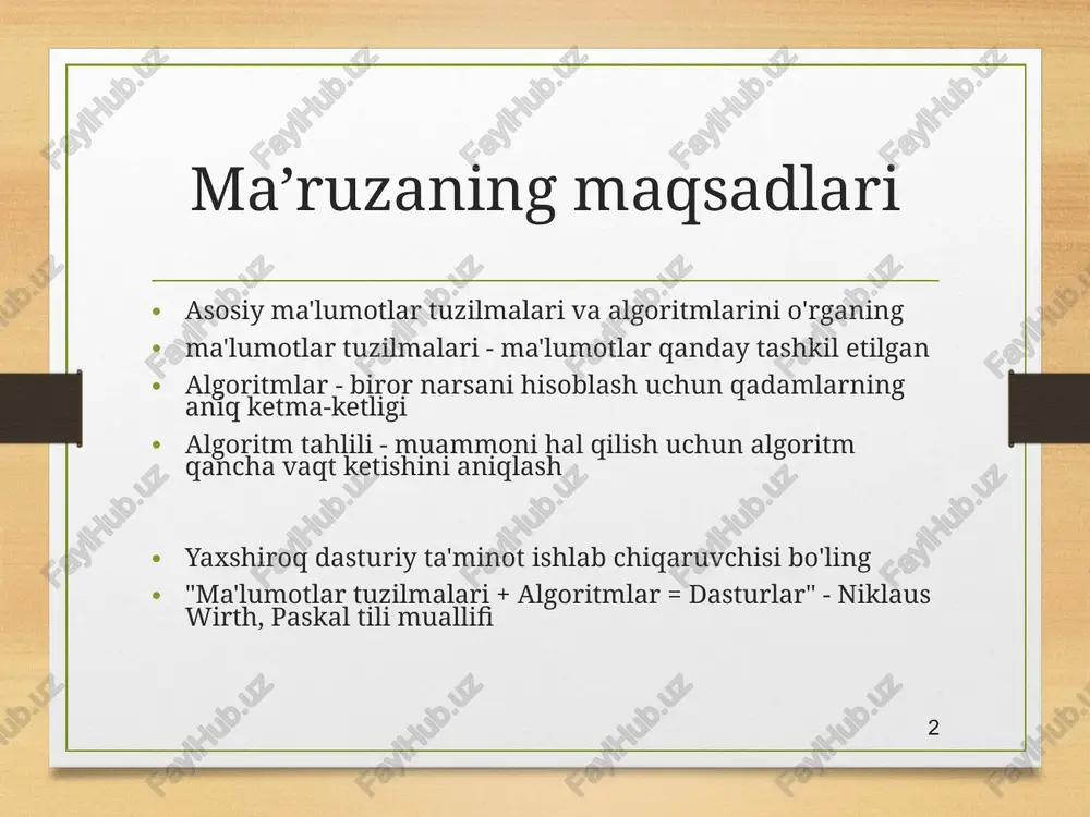 elementni ko'rib chiqing. * * analogy: trays of food at the sizzler stacks ilovalari dasturlash tillari: usul chaqiruvlari stackga joylashtiriladi (call=push, return=pop) tegishli juftliklarni moslashtirish: satrning palindrom ekanini aniqlang. faylni tekshiring, uning qavslari { } va boshqa operatorlar mos keladimi murakkab algoritmlar : labirintda "orqaga qaytish" bilan qidirish ko'pgina dasturlar oldingi operatsiyalarning "bekor qilish stekidan" foydalanadi * method3 return var local vars parameters method2 return var local vars parameters method1 return var local vars parameters class stack stack s = new stack (); s.push(42); s.push(-3); s.push(17); // bottom [42, -3, 17] top system.out.println(s.pop()); // 17 * stack () constructs a new stack with elements of type e push(value) places given value on top of stack pop() removes top value from stack and returns it; throws emptystackexception if stack is empty peek() returns top value from stack without removing it; throws emptystackexception if stack is empty size() returns number of elements …