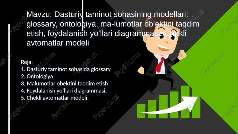 abd image2.png image3.jpeg image4.png image5.jpeg image6.png image7.png image8.png image1.png e amaliy dasturiy ta ‘minot tizimli dt, xususan, operatsion tizimlar boshqariluvi ostida ishlaydi. a ) quyidagilar a e - turli vazifalardagi amali aay dasturlar paketlari; e - foydalanuvchi va at umumiy ish dasturlari. a ae a -—" an co lutte ys dasiuny ta mminotning tarkiiol * dasiuriy taminot deganda, hisoblash texnikasi vositalani bilan ma‘umotiarni gayta ishlash tizimini yaratish va ulardan foydalanish uchun dasturiy va hujjatli vositalarni jamlash tushuniladi. * dasiuriy taminot tomonidan bajariladigan funktsiyalarga bog lig holda, uni ikki guruh -tizimll gastunly ta'minot va amaliy, dasturiy taiminotga bolish mumkin. sereerererteres rem f joy ott a a | a parse (required) produce (required) syntax layer semantics layer states of automata rasm: cheklangan avtomatlarning xususiyatlari