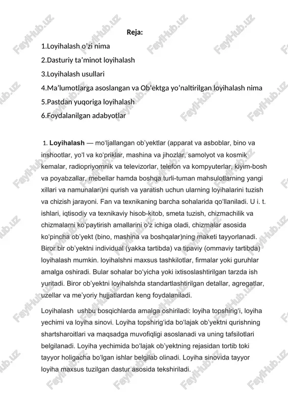 tuzilgan dastur asosida tekshiriladi. bu bosqichlarni amalga oshirishda i. t. ishlari va muhandislik-qidiruv ishlarini bajarishga ham toʻgʻri keladi. hozir loyiha jarayonini avtomatlashtirishga ayniqsa keng eʼtibor berilmoqda. bunda tashkiliy-texnikaviy vositalar, elektron-hisoblash mashinalari, kompyuterlar, avtomatika vositalaridan foydalaniladi. bu vositalar majmui "inson va mashina" tizimini, yaʼni avtomatlashtirilgan loyiha tizimini tashkil qiladi. bu tizim insonni murakkab va sermehnat hisoblash, qiyin jadvallarni tuzish ishlaridan ozod qiladi, loyihani ancha tezlashtiradi. dasturiy ta'minotni loyihalash - bu talablarni loyihaga aylantiradigan jarayonidir. dasturiy ta'minotni loyihalash jarayoni (dtl) - bu dasturiy ta'minot nima qilishi kerakligi (masalan, talablar) va dasturiy ta'minotni amalga oshirish (masalan, kod) o'rtasidagi ko'prik hisoblanadi. bu javob dasturiy ta'minotni ishlab chiqish jarayoni orqali dasturiy ta'minot loyihasi tushuntiriladi. sdp (software development process) – bu dasturiy ta'minotni ishlab chiqish uchun bajarilishi kerak bo'lgan bosqichlarning tavsifidir. shu kungacha dasturlashni o’rganish vaqtida sizga topshiriq berilganda, siz faqat dastur kodini yozish vazifasi berilgan. ya’ni o’qituvchi siz uchun sdpning ko'p bosqichlarini bajarib, sizga kodini …