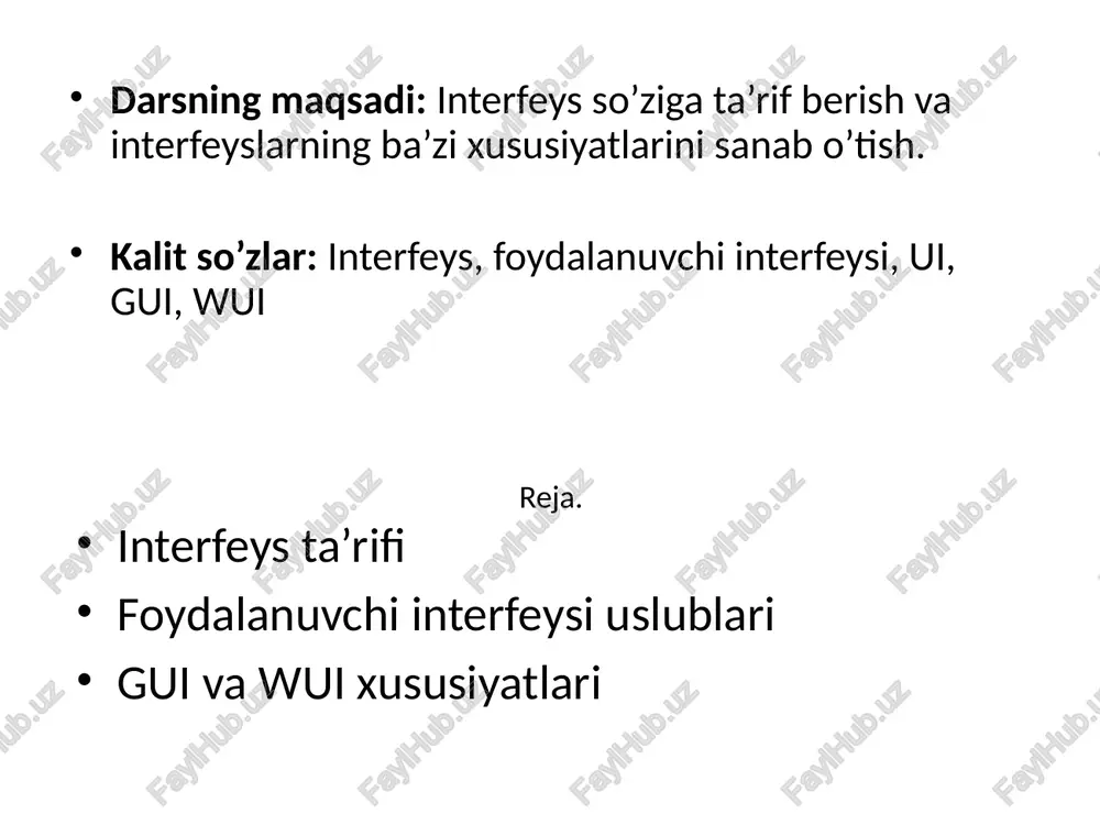imdir. boshqacha qilib aytganda, inson idrokiga moslashtirilgan interfeys har qanday kompyuter, operatsion tizim yoki dasturiy ta'minot muhitini yaratish uchun asosdir. 5 dasturiy ta'minotni ishlab chiqish dasturiy interfeyslarni ishlab chiqishda alohida o'rganishni va rivojlanishni talab qildi. ularning xilma-xilligi dasturiy ta'minot sohasida mashhurlikka erishgan bir qator foydalanuvchi interfeysi uslublarini ajratib ko'rsatishimizga imkon beradi. ular orasida: ♦ grafik foydalanuvchi interfeysi (gui); ♦ veb-foydalanuvchi interfeysi (wui); ♦ qo'lda ishlatiladigan foydalanuvchi interfeyslari (hui); ♦ ob'ektga yo'naltirilgan foydalanuvchi interfeysi. grafik foydalanuvchi interfeysi (grafik) 6 gui (grafical user interface) wui (web user interface) 7 wui uslubidan foydalangan holda dasturning asosiy xususiyatlari. ♦ ma'lumot odatda brauzer deb nomlangan bitta gui oynasida ko'rsatiladi, ammo dasturda ma'lumotlarni taqdim etish uchun bir nechta brauzer oynalaridan foydalanish mumkin. ♦ brauzer veb-dastur uchun menyu taqdim etadi. ♦ mijozlar hududida an'anaviy piktogramma mavjud emas. ♦ ko'rsatkichni qo'llab-quvvatlash asosan bir marta bosish bilan tanlash yoki navigatsiya havolalariga mo'ljallangan. ♦ belgilangan muhitda maxsus dasturlashdan tashqari, sudrab …