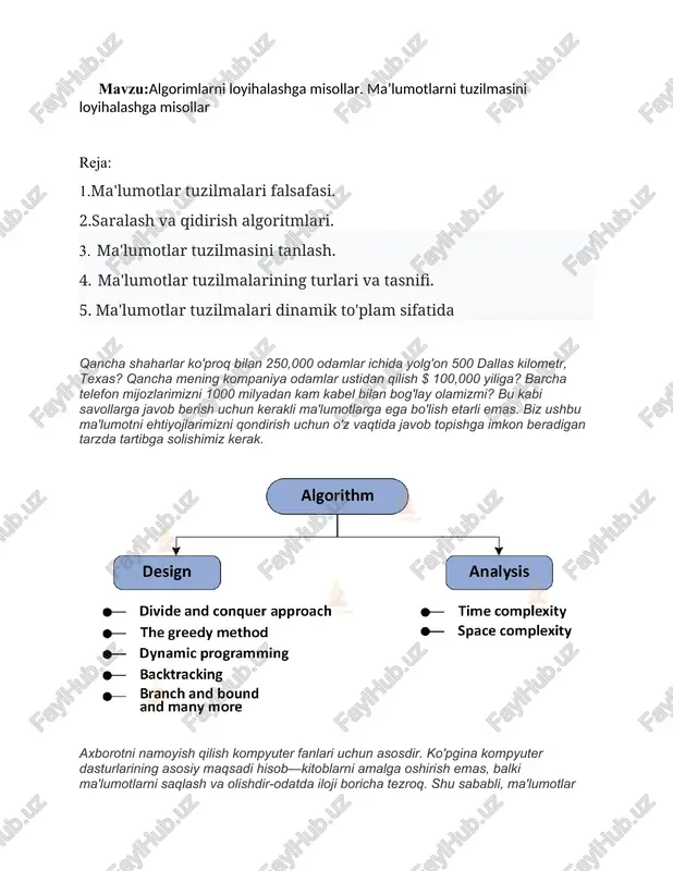 umotlar tuzilishi yoki algoritmi bilan bog'liq xarajatlar va foydalar mavjudligi haqidagi tushunchani mustahkamlaydi. bu har bir ma'lumotlar tuzilishi uchun odatdagi operatsiyalar uchun zarur bo'lgan joy va vaqtni tavsiflash orqali amalga oshiriladi. har bir algoritm uchun biz asosiy kirish turlari uchun zarur bo'lgan vaqtni ko'rib chiqamiz. 3. bu sizga ma'lumotlar tuzilishi yoki algoritmining samaradorligini qanday o'lchashni o'rgatadi. faqatgina bunday o'lchov orqali siz asboblar to'plamidagi qaysi ma'lumotlar tuzilishi yangi muammo uchun eng mos ekanligini aniqlashingiz mumkin. taqdim etilgan texnikalar, shuningdek, siz yoki boshqalar ixtiro qilishi mumkin bo'lgan yangi ma'lumotlar tuzilmalarining afzalliklarini baholashga imkon beradi. muammoni hal qilishda ko'pincha ko'plab yondashuvlar mavjud. ularning orasini qanday tanlaymiz? kompyuter dasturlarini loyihalashning markazida ikkita (ba'zan qarama-qarshi) maqsad mavjud: 1. tushunish, kodlash va disk raskadrovka qilish oson bo'lgan algoritmni ishlab chiqish. 2. kompyuter resurslaridan samarali foydalanadigan algoritmni ishlab chiqish. ideal holda, natijada olingan dastur ushbu ikkala maqsadga ham to'g'ri keladi. aytishimiz mumkinki, bunday dastur "nafis."bu erda keltirilgan …