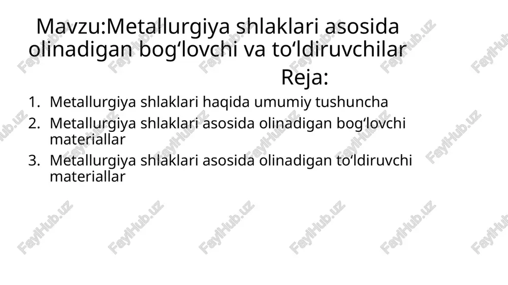 ri: issiqlik va ovoz izolyatsiyasiga ega, og‘irligi kamroq va uzoq muddatli chidamlilik xususiyatiga ega. qo‘llanilishi: ko‘p qavatli binolar, pol qoplamalari, yo‘l va ko‘prik qurilishida. yo‘l qurilishi uchun shlakli to‘ldiruvchi tarkibi: granullangan yoki maydalangan metallurgiya shlaklari. xususiyatlari: aşınmaya va og‘irlik bosimiga yuqori chidamli; zichligi va mustahkamligi tufayli yo‘l poydevorlarida qo‘llaniladi. qo‘llanilishi: yo‘l asoslari, to‘siq va bardyur qurilishida, og‘ir transport yo‘llari qoplamasida. qo‘llanilishi: yo‘l asoslari, to‘siq va bardyur qurilishida, og‘ir transport yo‘llari qoplamasida. c. shlakli asfalt tarkibi: asfaltga metallurgiya shlaklari qo‘shimcha modda sifatida qo‘shiladi. xususiyatlari: asfaltning aşınmaya chidamliligini oshiradi, yo‘l qoplamasini yanada mustahkam va uzoq umrli qiladi. qo‘llanilishi: yo‘l va shosse qoplamalari, avtoturargoh va transport infratuzilmasida ishlatiladi. image1.jpeg image2.jpeg image3.jpeg /docprops/thumbnail.jpeg 721-23-guruh egamberdiyev elyor fan nomi :sanoat chisindilari asosida quriish > materiallar ehlab chigarish
