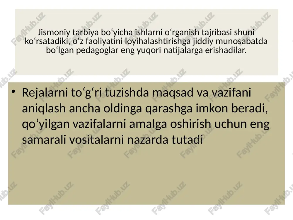 iy tarbiya bo‘yicha rejalashtirish hujjatlarini tuzish va tasdiqlash jismoniy tarbiya o‘qituvchisi 2 a) yillik o‘quv grafigi b) har darslik ish rejasi 1 chorak 2 chorak 3 chorak 4 chorak avgust avgust oktyabr dekabr mart 3 pedagogik jamoada mashg‘ulotdan oldingi gimnastika, jismoniy tarbiya daqiqalari, tanaffusdagi harakatli o‘yinlarni o‘tkazish tartibini muhokama qilish. avgust ma’muriyat, jismoniy tarbiya o‘qituvchisi 4 boshlang‘ich sinf o‘qituvchilari bilan kichik yoshdagi maktab o‘quvchilari uchun sinfdan tashqari ishlarni o‘tkazish va rejalashtirish, kun tartibida sog‘lomlashtirish tadbirlari tashkil qilish muammolari to‘g‘risida seminar o‘tkazish avgust jismoniy tarbiya o‘qituvchisi va boshlang‘ich sinflar uchun direktor o‘rinbosari 5 har bir sinf uchun ertalabki gimnastika, tanaffusdagi harakatli o‘yinlarni avgust jismoniy tarbiya o‘qituvchisi o‘tkazish joylarini aniqlash har bir sinfda kun tartibi to‘g‘risida, mashg‘ulotdan oldingi gimnastika, katta tanaffusdagi o‘yinlar va jismoniy tarbiya daqiqalari o‘tkazish tartibi haqida suhbat o‘tkazish 10 sentyabrgacha sinf rahbarlari sport sho‘‘balari uchun jadval tuzish. 10 sentyabrgacha jismoniy tarbiya o‘qituvchisi 2. o‘quv ishlari jismoniy tarbiya darslarini o‘tkazish …