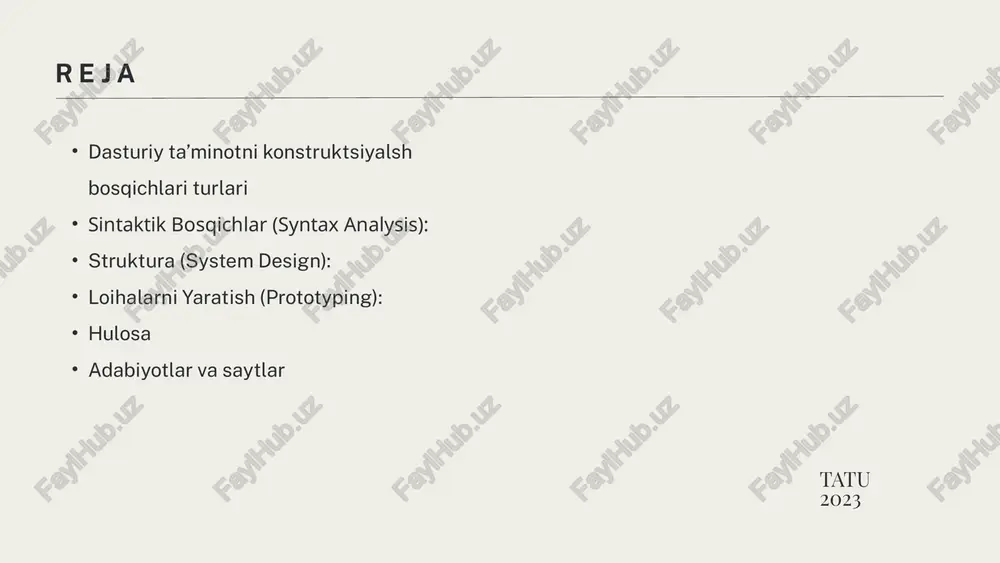 rni yoki kutubxonalarni birlashtiradi va ishlatish uchun boshqa dastur yoki dasturlar bilan ulanadi. dasturiy ta’minotni konstruktsiyalsh bosqichlari turlari bajarilgan koddan texnashdirish (code generation): bajarilgan koddan texnashdirish bosqichi, bajarilgan maqbul masin koddan dastur yoki modullar yaratishda foydalaniladi. bu bosqich, o'zgarishsiz ishlaydigan tayyor koddan foydalanishni ta'minlaydi. texnashdirish (assembly): texnashdirish bosqichi, bajarilgan koddan maqbul masin kod tuzilmasini yaratishda foydalaniladi. bu bosqich, kompilyatsiya va bajargan koddan ishtirok etish bosqichlaridan tashqari keladi. bu bosqichlar har bir dastur yaratish jarayonida o'z vazifalarini bajarish uchun kerak. bu tur bosqichlarning mavzulariga oid kitoblar va maqolalar o'qish, dasturlash sohasidagi ko'nikmalarini oshirish uchun yaxshi yondashadi. dasturiy ta’minotni konstruktsiyalsh bosqichlari turlari sintaktik bosqichlar (syntax analysis) dasturlar yoki muammolarni yozuvchi til (qo'llanma) qoidalariga mos ravishda yozilgan matnni tahlil qilishda ishlatiladi. bu bosqich, yozuvchi tomonidan kiritilgan kodning to'g'ri sintaktika va tuzilishiga rioya qilish uchun katta ahamiyatga ega. sintaktik bosqichlarning asosiy vazifalari quyidagilardir: sintaktik tuzilmani tahlil qilish: sintaktik tuzilmani yaratishdagi qoida va qavslar bilan …
