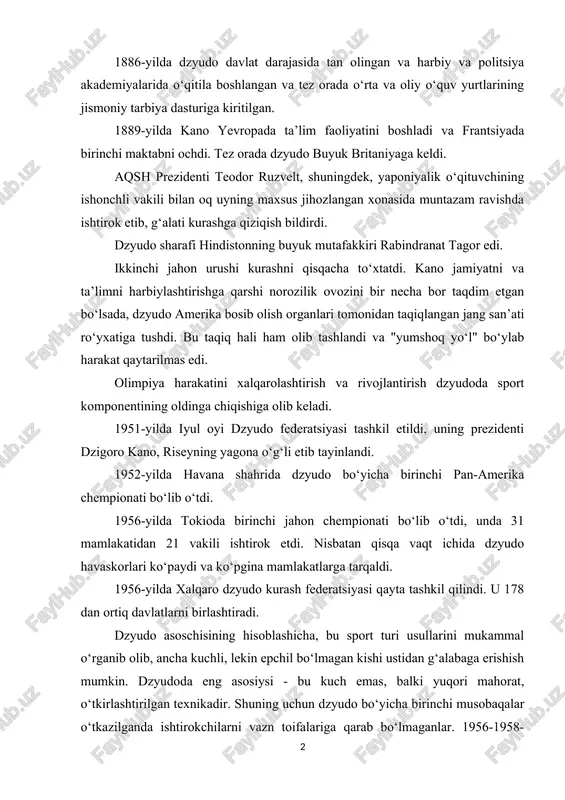 nasida muntazam ravishda ishtirok etib, g‘alati kurashga qiziqish bildirdi. dzyudo sharafi hindistonning buyuk mutafakkiri rabindranat tagor edi. ikkinchi jahon urushi kurashni qisqacha to‘xtatdi. kano jamiyatni va ta’limni harbiylashtirishga qarshi norozilik ovozini bir necha bor taqdim etgan bo‘lsada, dzyudo amerika bosib olish organlari tomonidan taqiqlangan jang san’ati ro‘yxatiga tushdi. bu taqiq hali ham olib tashlandi va "yumshoq yo‘l" bo‘ylab harakat qaytarilmas edi. olimpiya harakatini xalqarolashtirish va rivojlantirish dzyudoda sport komponentining oldinga chiqishiga olib keladi. 1951-yilda iyul oyi dzyudo federatsiyasi tashkil etildi, uning prezidenti dzigoro kano, riseyning yagona o‘g‘li etib tayinlandi. 1952-yilda havana shahrida dzyudo bo‘yicha birinchi pan-amerika chempionati bo‘lib o‘tdi. 1956-yilda tokioda birinchi jahon chempionati bo‘lib o‘tdi, unda 31 mamlakatidan 21 vakili ishtirok etdi. nisbatan qisqa vaqt ichida dzyudo havaskorlari ko‘paydi va ko‘pgina mamlakatlarga tarqaldi. 1956-yilda xalqaro dzyudo kurash federatsiyasi qayta tashkil qilindi. u 178 dan ortiq davlatlarni birlashtiradi. dzyudo asoschisining hisoblashicha, bu sport turi usullarini mukammal o‘rganib olib, ancha kuchli, …