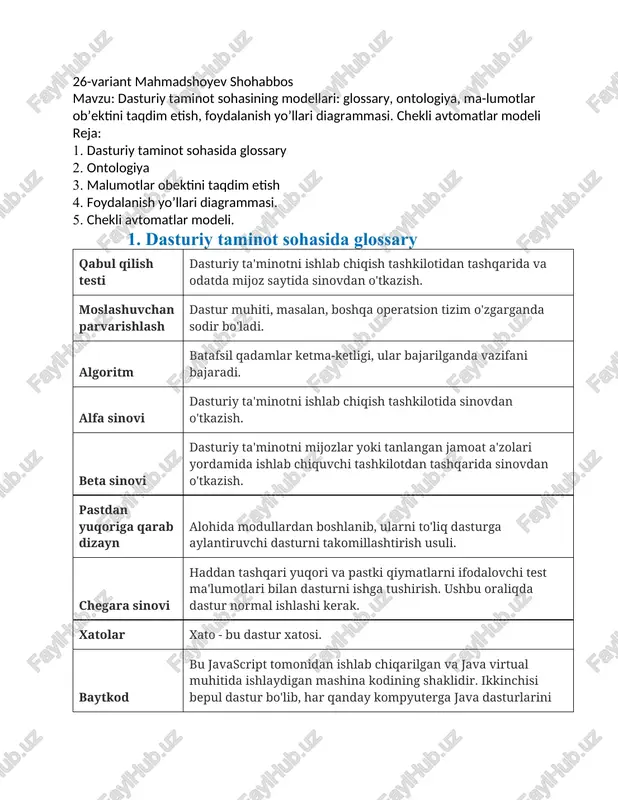 tor to'liq yuqori darajadagi til dasturini mustaqil mashina kodli dasturga aylantiruvchi dastur. birlashtirish '&' operatori yordamida uzunroq satrlarni yaratish uchun visual basic string o'zgaruvchilarni birlashtirish. cots tijoriy off the shelf dasturi. dasturchilarga tayyor dasturiy ta'minotni sotib olish imkonini beruvchi muqobil dasturiy ta'minot ishlab chiqish tizimi. qimmatbaho variant bo'lishi mumkin. tuzatuvchi parvarishlash dasturiy ta'minotni mijoz saytida o'rnatgandan so'ng ko'rinadigan ishlab chiqish jarayonida ilgari aniqlanmagan xatolarni tuzatish. ma'lumotlar tuzilmagan ma'lumotlar. kompyuter tomonidan qayta ishlanishi mumkin bo'lgan raqamli yoki alfanumerik belgilar to'plami. xom ma'lumotlar odamlar uchun ma'nosizdir. ma'lumotlar bazasi tegishli ma'lumotlarning uyushgan va tuzilgan to'plami. ma'lumotlarni modellashtirish ob'ektga yo'naltirilgan tillarda qo'llaniladigan jarayon, ob'ektlarni, ularning bir-biri bilan qanday bog'lanishini va ularning manipulyatsiyasini aniqlaydi. nosozliklarni tuzatish dasturdagi xatolarni aniqlash, joylashtirish va yo'q qilish. deklarativ til dasturchilar ushbu turdagi tildan kod yozish orqali uni qanday hal qilishni emas, balki muammoning nima ekanligini aniqlash uchun foydalanadilar. til munosabatlarni ifodalash uchun faktlar va qoidalardan foydalanadi. stolni tekshirish dasturning …