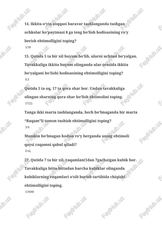 erli bo‘lish ehtimoli qanday qiymatga ega bo‘ladi? 0. 6. idishda 4 ta oq, 3 ta ko‘k va 2 ta qora shar bor. tavakkaliga, ketma-ket, bittadan 3 ta shar olindi. birinchi shar oq, ikkinchisi ko‘k va uchinchisi qora rangda bo‘lishi ehtimolligini toping? 1/21. 7. ikkita tanga tashlanayotganda bittasida gerb va boshqasida raqam chiqish hodisasi ehtimoli topilsin 0,5 8. guruhda 12 ta talaba bo‘lib, ularning 8 nafari a’lochi. ro‘yxat bo‘yicha tavakkaliga 9 ta talaba tanlab olindi. tanlab olingan talabalar ichida 5 ta talaba a’lochi bo‘lish ehtimolini toping. 14/55 9. 7 kishidan 3 kishilik bir guruh ixtiyoriy tanlansa, aniq ikki kishining bir guruhda bo‘lmaslik ehtimolini toping? 23/35. 10. kombinatorika nima? matematikaning biror qoida bo‘yicha chekli sondagi elementlardan tuzilgan mumkin bo‘lgan barcha kombinaciyalarni hisoblashga doir bo‘limi kombinatorika deyiladi. bitta o‘yin soqqasi tashlanganda, tushgan ochko toq son bo‘lish ehtimolligini toping? 1/2. bitta o‘yin kubigi bir marta tashlanadi. agar tushgan raqam toq ekanligi ma’lum bo‘lsa, bu …