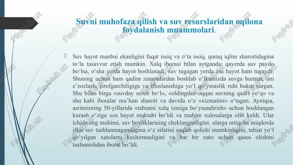 tiiiiia targa to‘g‘ri keladi. butun yetishtiriladigan mahsulotning 40 foizi sug‘oriladigan yerlardan olinadi. qishloq xo‘jaligida 70 foizga yaqin daryo, ko‘l va yer osti suvlaridan foydalaniladi, qolgan 30 foizi sanoat va maishiy xizmatda ishlatiladi. qurg‘oqchil hududlarda 90 foiz suvlar qishloq xo‘jaligida foydalaniladi (lors krister lundin va boshq., 2003 y.). orol dengizi havzasida hozirda qariyb 30 mln. aholi, 7,3 mln. gektar sug‘oriladigan yer mavjud. havzada sug‘orishga yaroqli yer maydoni 60 mln. gektarga yaqin bo‘lib, mavjud suv boyligi juda borsa 10 mln. gektar yerni sug‘orishga yetadi, xolos. 1980-yilga kelib, yer sharida 4,5 mlrd.ga yaqin aholi bo‘lgan, ulardan 1,5 mlrd.ga yaqini sifatli ichimlik suvi bilan ta’minlangan emas, natijada bir kecha-kunduzda ichishga yaroqsiz suv iste’mol qilish natijasida 30 mingga yaqin kishi halok bo‘layotgani aniqlangan. suv resurslaridan mukammal foydalanish va muhofaza qilish fanining rivojlanish tarixi dunyoda suv qurilishi tarixi qariyb 6 ming yilni tashkii qilib, shundan 4 ming yili eramizgacha bo‘lgan davrdagi suvdan foydalanishni tashkii qiladi. asrimizning …