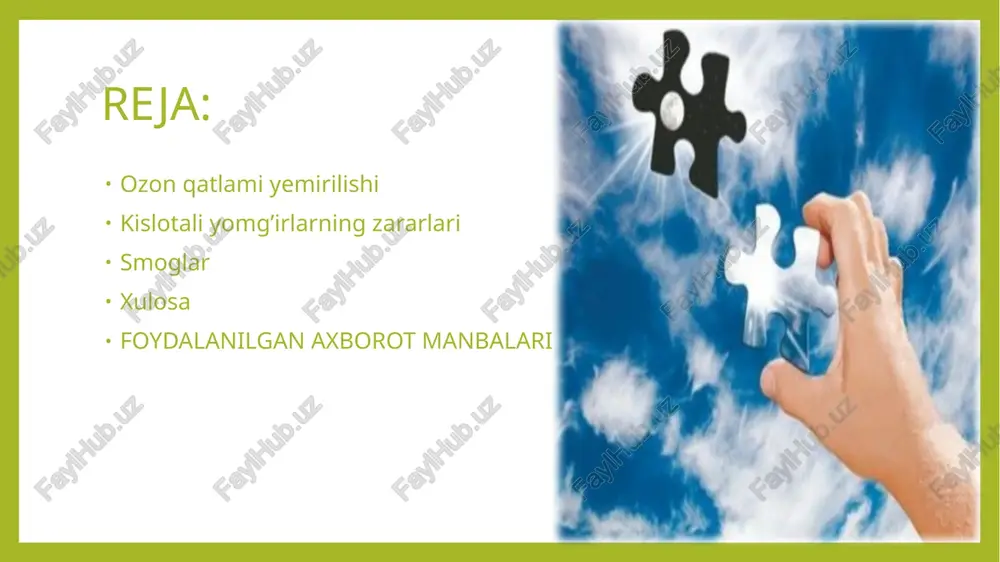 arining atmosferaga chiqarayotgan zararli gazlari — freonlar — xlorftoruglerodlar ozonning eng xavfli kushandalari sifatida e’tirof etila boshlandi. shuningdek, xlor va bromning zararli ta’siri natijasida stratosferadagi ozon miqdori 10 foiz kamaygan, degan taxmin ham mavjud. ozon qatlamining yemirilishiga nafaqat insoniyatning, balki tabiiy jarayonlarning ham o‘ziga yarasha salbiy ta’siri bor. vulqonlar uyg‘onishi, yer qa’ridagi gazlarning ajralib chiqishi bu qatlamdagi tuynuklarni kengaytiradi. atmosfera tarkibidagi ozonning umumiy 0.0001 foizdan ham kamroq. lekin shu miqdorning 1 foizgagina kamayishi xavfli ultrabinafsha nurlarining yer yuziga yetib kelishini 2 foizga oshiradi. bu holat o‘z navbatida quyidagi muammolarni keltirib chiqaradi: — qatlamning yemirilishi natijasida katta miqdordagi quyosh radiatsiyasi yer yuziga yetib keladi; — insoniyatda teri saratoni bilan kasallanish keskin ortib ketadi. shifokorlar bu turdagi saratonlarni davolash juda murakkabligi haqida ogohlantirishmoqda; — insonning kasalliklarga qarshi kurashuvchi immun tizimida susayish kuzatiladi; — odamning eng muhim a’zolaridan biri — ko‘zlar zararlanadi; — hosildorlik pasayib ketadi. daraxtlar parvarish qilinganiga qaramay, qurib qolaveradi. o‘simliklarning …