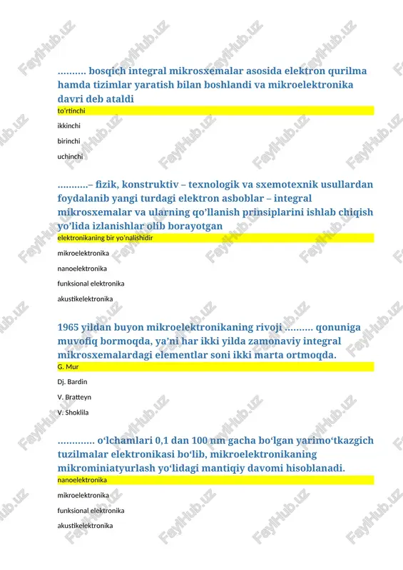 r shottki baryerli yarimo’tkazgich …………. eng yuqori chastotali tranzistorlar, lazerlar, hamda inegral sxemalar (chiplar) yaratishning asosi bo’ldi. geterotuzilmalar gomotuzilmalar tuzilmalar gomogen tuzilmalar optik aloqa tizimlari …….. ……….. optik modullarga ega uzatuvchi va qabul qiluvchi uzatuvchi qabul qiluvchitoplovchi toplovchi ……… optik modul elektr signallarni optik signallarga o’zgartirish uchun xizmat qiladi. uzatuvchi qabul qiluvchi toplovchi uzatuvchi va qabul qiluvchi …….. uzatuvchi optik modulning bosh elementi nulanuvchi diod fotodiod qabul qiluvchi diod fotoqabulqilgich ……… elektr signallarni optik signallarga o’zgartirish uchun xizmat qiladi nurlanuvchi diod fotodiod qabul qiluvchi diod fotoqabulqilgich …….. qabul qiluvchi optik modulning bosh elementi fotodiod nurlanuvchi diod nurlanuvchi manba qabul qilgich ……. optik signalni elektr signalga aylantirish uchun xizmat qiladi fotodiod nurlanuvchi diod nurlanuvchi manba qabul qilgich …………. optik diapazondagi elektromagnit tebranishlarni kuchaytirish va generasiyalash uchun xizmat qiluvchi kvant asbob. lazer fotodiod nurlanuvchi diod optron integral mikroelektronika va nanoelektronika bilan bir vaqtda ………….. rivojlanmoqda. funksional elektronika elektrovakumli elektronika diskret elektronika geliotexnika …