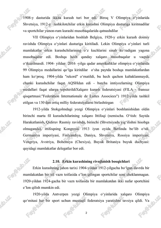 nlarida shvetsiya, 1912-y tashkilotchilar erkin kurashni olimpiya dasturiga kiritmadilar va sportchilar yunon-rum kurashi musobaqalarida qatnashdilar vii olimpiya o‘yinlaridan boshlab belgiya, 1920-y erkin kurash doimiy ravishda olimpiya o‘yinlari dasturiga kiritiladi. lekin olimpiya o‘yinlari turli mamlakatlar erkin kurashchilarining o‘z kuchlarini sinab ko‘radigan yagona musobaqalar edi. boshqa hech qanday xalqaro musobaqalar u vaqtda o‘tkazilmasdi. 1904- yildan 2016 -yilga qadar amerikaliklar olimpiya o‘yinlarida 99 olimpiya medallarini qo‘lga kiritdilar o‘sha paytda boshqa mamlakatlardan ham ko‘proq. 1904-yilda "rekord" o‘rnatildi, bu hech qachon kaltaklanmaydi, chunki kurashchilar faqat aqshdan edi - barcha imtiyozlarning olimpiya medallari faqat ularga topshirildixalqaro kurash federatsiyasi (fila - fransuz qisqartmasi:"federation internationale de luttes associees") 1912-yilda tashkil etilgan va 130 dan ortiq milliy federatsiyalarni birlashtirgan 1912-yilda stokgolmdagi yozgi olimpiya o‘yinlari boshlanishidan oldin birinchi marta fil kurashchilarining xalqaro ittifoqi (nemischa. o‘tish: saytda harakatlanish, qidiruv rasmiy ravishda, birinchi (shvetsiyada yig‘ilishni hisobga olmaganda), ittifoqning kongressi 1913 iyun oyida berlinda bo‘lib o‘tdi. germaniya imperiyasi, finlyandiya, daniya, shvetsiya, rossiya imperiyasi, …