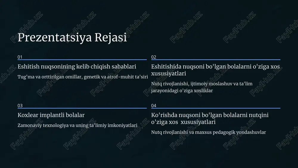 g'ri talaffuz qilish, so'z boyligining cheklangan bo'lishi kuzatiladi. imo-ishora tili ko'pchilik kar bolalar imo-ishora tilini asosiy muloqot vositasi sifatida o'zlashtiradilar. bu ularning ijodiy va intellektual rivojlanishiga yordam beradi. o'qish va yozish yozma nutq ko'nikmalarini egallash og'zaki nutqga nisbatan osonroq bo'lishi mumkin, ammo grammatik tuzilmalarni tushunishda qiyinchiliklar paydo bo'ladi. 8 ijtimoiy va hissiy rivojlanish ijtimoiy muloqot qiyinchiliklari tengdoshlar bilan muloqot o'rnatishda qiyinchiliklar ijtimoiy ishoralani noto'g'ri talqin qilish guruh faoliyatiga qo'shilishda muammolar hissiy xususiyatlar o'zini chetda his qilish tashvish va stress darajasining yuqori bo'lishi o'ziga bo'lgan ishonchning pastligi 9 koxlear implantli bolalar koxlear implant - bu og'ir va chuqur eshitish nuqsoni bo'lgan bolalar uchun zamonaviy tibbiy texnologiya. bu qurilma ichki quloqning shikastlangan qismini o'rnini bosib, eshitish nerviga bevosita signal yuboradi. 10 koxlear implantning afzalliklari va cheklovlari afzalliklari tovushlarni idrok etish imkoniyati og'zaki nutqni rivojlantirish ta'lim jarayoniga faol ishtirok ijtimoiy integratsiyaning yaxshilanishi cheklovlar va qiyinchiliklar uzoq muddatli reabilitatsiya zarur individual farqlar katta texnik …