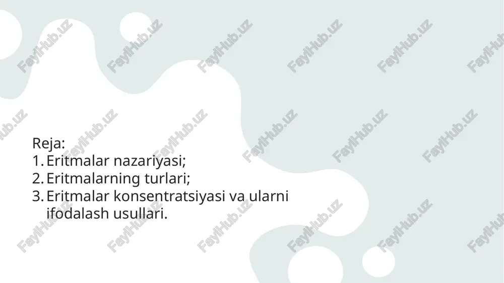 hmalar osilmalar - dag`al dispers sistemalar deyiladi. ularga suspenziya, emulsiya, aerazollar, ko`piklar va har xil kukunlar kiradi. eritmalarning turlari ionli eritmalar suvda yaxshi dissotsiatsiyalanadigan tuzlar kislotalar, asoslar, masalan nacl, na2so4, hcl, naoh va boshqalar eritilganda olinadi. glyukoza, mochevina, glitserin va dissotsilanish xususiyatiga ega bo`lmagan boshqa moddalar molekulyar eritmalar hosil qiladi. chin eritmalarning hammasi tarkibining gomogenligi va erigan zarrachalar bilan erituvchi o`rtasida fizik sath ajralishi bo`lmasligi bilan farq qiladi. kolloid eritmalarga maxsus usulda tayyorlangan temir (iii)-gidroksid, mishyak(iii)-sulfidi, bariy sulfat va inson a`zolaridagi barcha suyuqliklar kiradi. ularning molekulalari ma`lum sharoitda kattaligi 1 dan 100 mmk gacha yetadigan zarrachalar shaklida birikadi. kolloid eritmalar xossalari jihatidan chin eritmalardan keskin farq qiladi. ular geterogendir, chunki fazalari — erigan modda (dispers faza) va erituvchi (dispers muhit) orasida ajralish sathi mavjuddir. yuqori molekulyar birikmalar — oqsillar, polisaxaridlar, kauchuk eritmalari chin eritmalar xossalariga ham, kolloid eritmalar xossalariga ham ega bo`l ib, maxsus guruhga ajratiladi. ko`pgina yuqori molekulyar birikmalar …