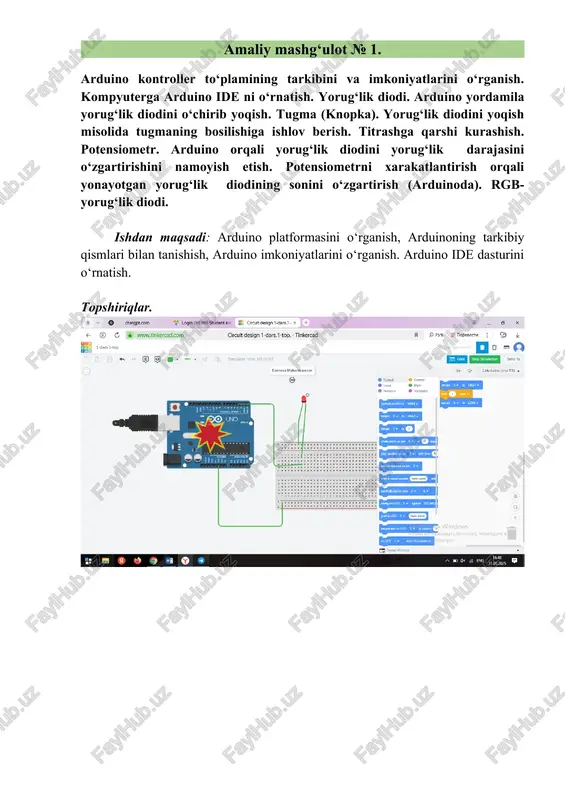 lik darajasiga ishlov berish. lm335 harorat datchigi(uzluksiz). ishlash tamoyili, ishlashga misol. lcd1602 indikatori. ulanish tamoyili, unga axborotdni arduinoda foydalanib chiqarish. ishdan maqsadi: potentsiometrni turli loyihalarda ishlatishni o‘rganish. ledning yorqinligini boshqarish va potansiometrning qarshiligini o‘zgartirish. image1.png image2.png image3.png 3 oy @ chatgpt.com login| hemis student axi 2 circuit design 1-dars.1. x + a x € @ g (& wwwtinkercad.com circuit design 1-dars.1-top. - tinkercad a 275% mh mepesectm : bb wv bef asst o:-a +> 898--- +o os esonova mukambaxrion 1» 1tarduino uno r3) © is) oe @ input @ sth setpin 3 to high + © nason varies statin ed high = spn 37 lowe setpn 0+ to high © stpn ae to rote serv on pin 0 © ayspeteronpe 0 watnione qi vino se moor ced wt | setrgledinpins 37 =~ | 1 . cfguelco 1 tet roo pritiolod 1 setpostion oncd 1 tocoiumn onlcd 1+ —carthesoren [1d seriat …