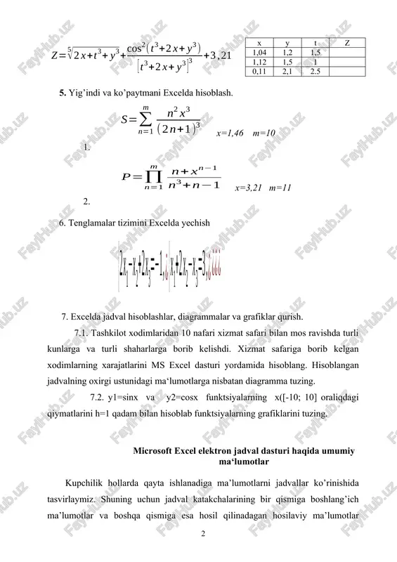 l ko’rinishida tasvirlanadigan masalalarni echish uchun maxsus amaliy dasturlar paketi ishlab chiqilgan bo’lib ular elektron jadvallar yoki jadval protsissori deb ataladi. elektron jadvallar avvalo iqtisodiy masalalarni echish uchun mo’ljallangan, lekin uning yordamida injenerlikka doir masalalarni bajarishda ham, masalan, formulalar bo’yicha hisob-kitoblar muvaffaqiyatli ishlatilmoqda. elektron jadvallar qo’llanilayotgan sohalar juda ko’p, masalan: moliyaviy, buxgalteriyaga oid, xususan ish haqini hisoblash, har xil iqtisodiy-texnik hisoblar, kundalik ho’jalik tovarlari va mahsulotlarni sotib olish va xokazolar. excel microsoft office paketi tarkibidagi programma bo’lib, u windows operatsion sistemasi boshkaruvida ishlovchi hamda ma‘lumotli elektron jadvallarni tayyorlash va qayta ishlashga muljallangan. excel da tayyorlangan har bir xujjat (ma‘lumotli jadval) ixtiyoriy nom va .xls kengmaytmadan iborat fayl buladi. excel da odatda bunday fayl “ish kitobi” (workbook) deb yuritiladi. microsoft excel ning asosiy ish soxasi - bu “ish kitobi” bo’lib, u bir yoki bir nechta ish varaqlardan iborat. ish varagida buxgalter (hisobchi) kitobi kabi, sonlar, matnlar, arifmetik ifodalar, hisoblar qator va …