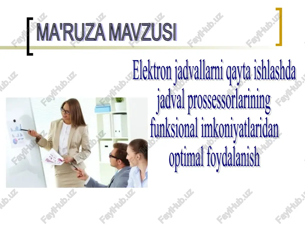 i … dannie / filtr/ avtofiltr diqqat 6- savol! pravka / zapolnit / progressiya ustun yoki satr elementlarini progressiya elementlari kabi to’ldirish mumkinmi? diqqat 7- savol! funktsiya / logicheskoe/ esli oylik maoshni miqdoriga qarab turli xil soliq to’lanishini tashkil eta olasizmi? funktsiya / logicheskoe / esli diqqat 8- savol! okno / zakrepit oblasti excelda ba’zan biror-bir ustunni qo’zg’almay turishi talab etiladi? buni qanday amalga oshirish mumkin? diqqat 9- savol! a1:a5 gacha shift bilan, so’ngra ctrl bilan. ishchi varaqdagi yacheykalardan faqat ayrimlarini belgilash uchun belgilashning qaysi usulini tanlash kerak? masalan: a1:a5, b3, c4, d2:d6 diqqat 10- savol! vid / razmetka stranitsa predvaritelniy prosmotr / parametri stranitsi excelda sahifalarni qulay ko’rinishda chop etish uchun qanday amallarni bajarish kerak ? fayl / parametri stranitsi hisob natijasini toping 37 41 33 29 to’g’ri javob qani? to’g’ri javob: + x xatolarni to’g’rilang excelning asosiy ishlov berish ob'ekti xujjatlar (dokumentlar) hisoblanadi. excel xujjatlari (dokumentlari) ixtiyoriy nomlanadigan …