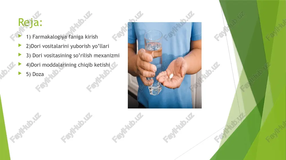 mal). enteral yolini batafsil ko’rib chiqamiz : enteral yo’llar –ovqat hazm qilish yo’llari orqali yuboriladi . tibbiyot amaliyotida uning asosan 3 ko’rinishi keng qo’llaniladi: 1)peroral(og’iz orqali) 2)sublingval (til ostiga ) 3)rektal (to’g’ri ichak orqali) 1)og’iz orqali yuborish (peroral) afzalliklari: -qulay va onson ishlatish; -dorilar sterilizatsiyani va maxsus tibbiyot hodimlarini talab qilmaydi. kamchiliklari: -uni tez yordam uchun ishlatib bo’lmaydi (tasiri 30-40 minut) -bazi dorilar oshqozon –ichak yo’lining fermentlariga ta’sir ko’rsatadi. 2) sublingval(til ostiga dori vositalari qo’yilsa ) va transbukkal(lunj yoki milk sohasida plastinka yopishtirilsa ) yo’llar- afzalliklari: -dori vositasi tez tasir qiladi (1-3min) -doriga oshqozon ichak fermentlari tasir qilmaydiva dorilar jigarni chetlab o’tib o’sha qo’yilgan joyda so’rilib umumiy tasir ko’rsatadi.(validol ,nitroglitserin,nifedipin ) 3)qollanilishning rektal yo’li -12 barmoqli ichakka dori vositalarini yuborish va to’g’ri ichakka yuborish yo’llari mavjud . (12 barmoqli ichakka dorilar zond orqali yuboriladi bu jigar kasalliklarini davolashda va gijjaga qarshi dori vositalar buyurilganda bu usul qo’llaniladi,to’g’ri ichakka dori vositalari …