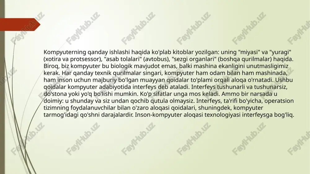 alanuvchi bilan dialog buyruqlar yordamida emas, balki grafik tasvirlar - menyular, derazalar va boshqa elementlar yordamida amalga oshiriladi. ushbu interfeysda buyruqlar mashinaga berilgan bo'lsa ham, bu "bilvosita", grafik tasvirlar orqali amalga oshiriladi. ushbu turdagi interfeys ikki darajadagi texnologiyalar bo'yicha amalga oshiriladi: oddiy grafik interfeys va "toza" wimp interfeysi. 3. silk - interfeys (speech - nutq, image - rasm, language - til, knowlege - bilim). ushbu turdagi interfeys odatiy, insoniy aloqa shakliga eng yaqin. ushbu interfeys doirasida odam va kompyuter o'rtasida odatdagi "suhbat" mavjud. shu bilan birga, kompyuter o'zi uchun buyruqlarni topadi, inson nutqini tahlil qiladi va undagi asosiy iboralarni topadi. shuningdek, u buyruqlarni bajarish natijasini odam o'qiydigan shaklga o'tkazadi. ushbu turdagi interfeys kompyuterning apparat resurslariga eng talabchan bo'lib, shuning uchun u asosan harbiy maqsadlarda ishlatiladi. 4. "mimik interfeys" (biometrik texnologiya). 5. jamoat interfeysi - semantik tarmoqlar asosida. 1-rasm operatsion tizimlar turlari, foydalanuvchi interfeyslari va ularni amalga oshirish texnologiyalarining o'zaro ta'siri …