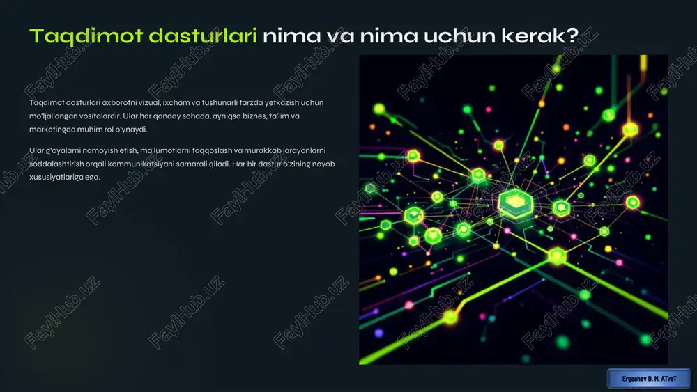 hilar har qanday qurilmadan, istalgan joydan o‘z taqdimotlariga kirishlari mumkin. google ekotizimi (docs, sheets, drive) bilan to‘liq integratsiya qilingan bo‘lib, ish jarayonini soddalashtiradi. https://gamma.app/?utm_source=made-with-gamma focusky: 3d va animatsiyalarga boy taqdimotlar focusky interaktiv va jonli taqdimotlar yaratish uchun maxsus ishlab chiqilgan vositadir. u 3d effekti, zoom va pan, shuningdek, juda ko‘p animatsiya imkoniyatlarini taklif etadi. keng mediya integratsiyasi video, audio, animatsiyalar va boshqa multimediya elementlarini taqdimotga osongina qo‘shish mumkin, bu esa auditoriyaning e’tiborini jalb qilishga yordam beradi. ishlash rejimlari focusky ham onlayn, ham oflayn rejimda ishlash imkonini beradi, bu esa internetga bog‘liq bo‘lmagan sharoitlarda ham taqdimot qilishga sharoit yaratadi. https://gamma.app/?utm_source=made-with-gamma taqdimot yaratishda umumiy qoidalar maqsadni aniq belgilash kimga va nima uchun taqdimot qilinyapti? maqsad va auditoriyani bilish kontentni shakllantirishda asosiy qadamdir. soddalik va tushunarlilik ortiqcha matn, murakkab grafikalar va ortiqcha vizual shovqindan qoching. asosiy g‘oyani aniq yetkazing. vizual uyg‘unlik ranglar, shriftlar va rasmlarni muvofiqlashtirish taqdimotning professional ko‘rinishini ta’minlaydi. brend uslubiga rioya …